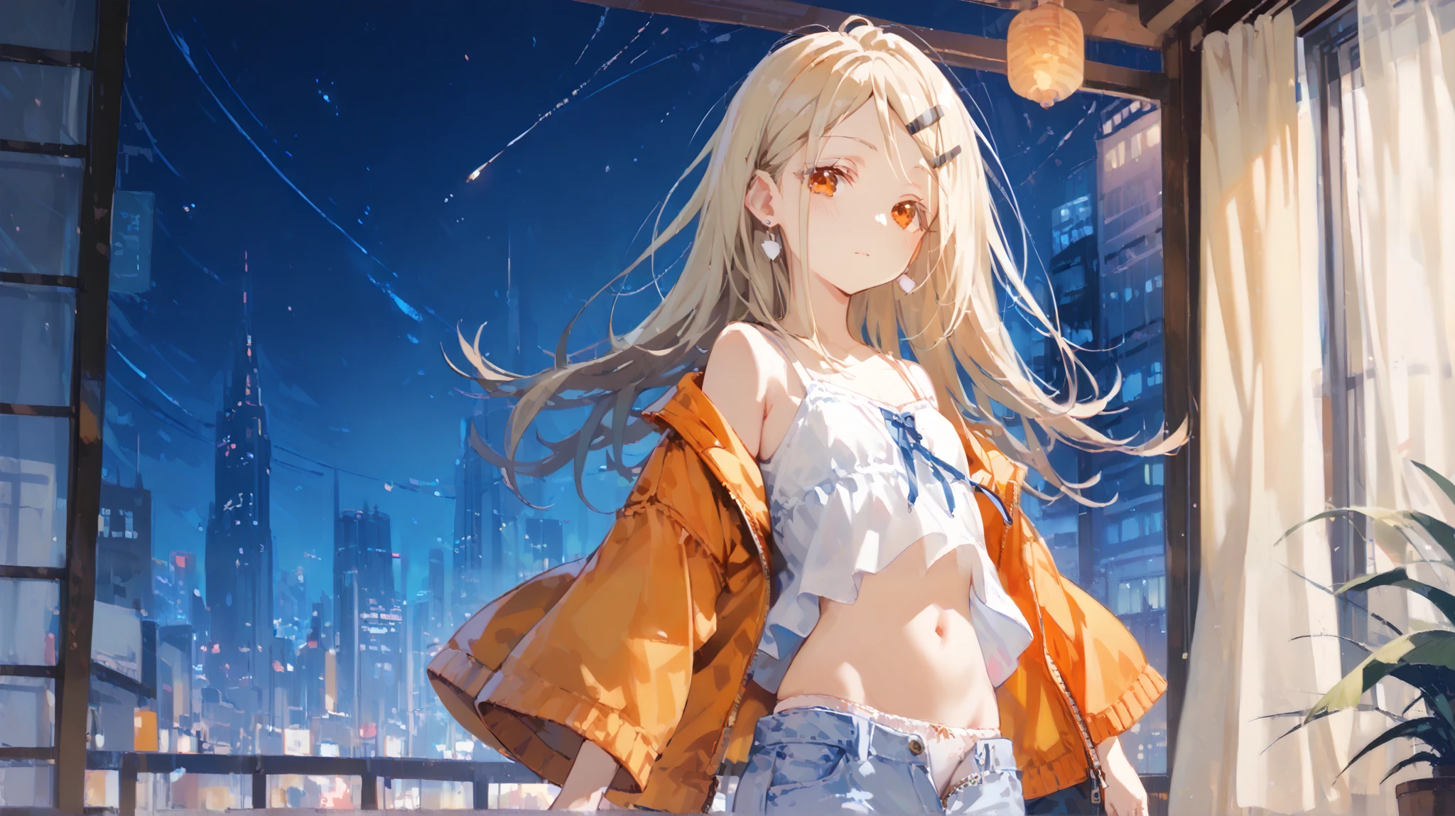 Shinosawa Hiro ,thin, orange eyes from the side diagonally, white lashes, blonde, long hair, hair clip,Small earrings, flat chest,belly button, thighs、 night cityscape ,solo,whole body,white small camisole,Small blue hot pants with open zippers , orange small shiny jacket,cowboy shot,looking at viewer, standing picture、white panties seen from the front