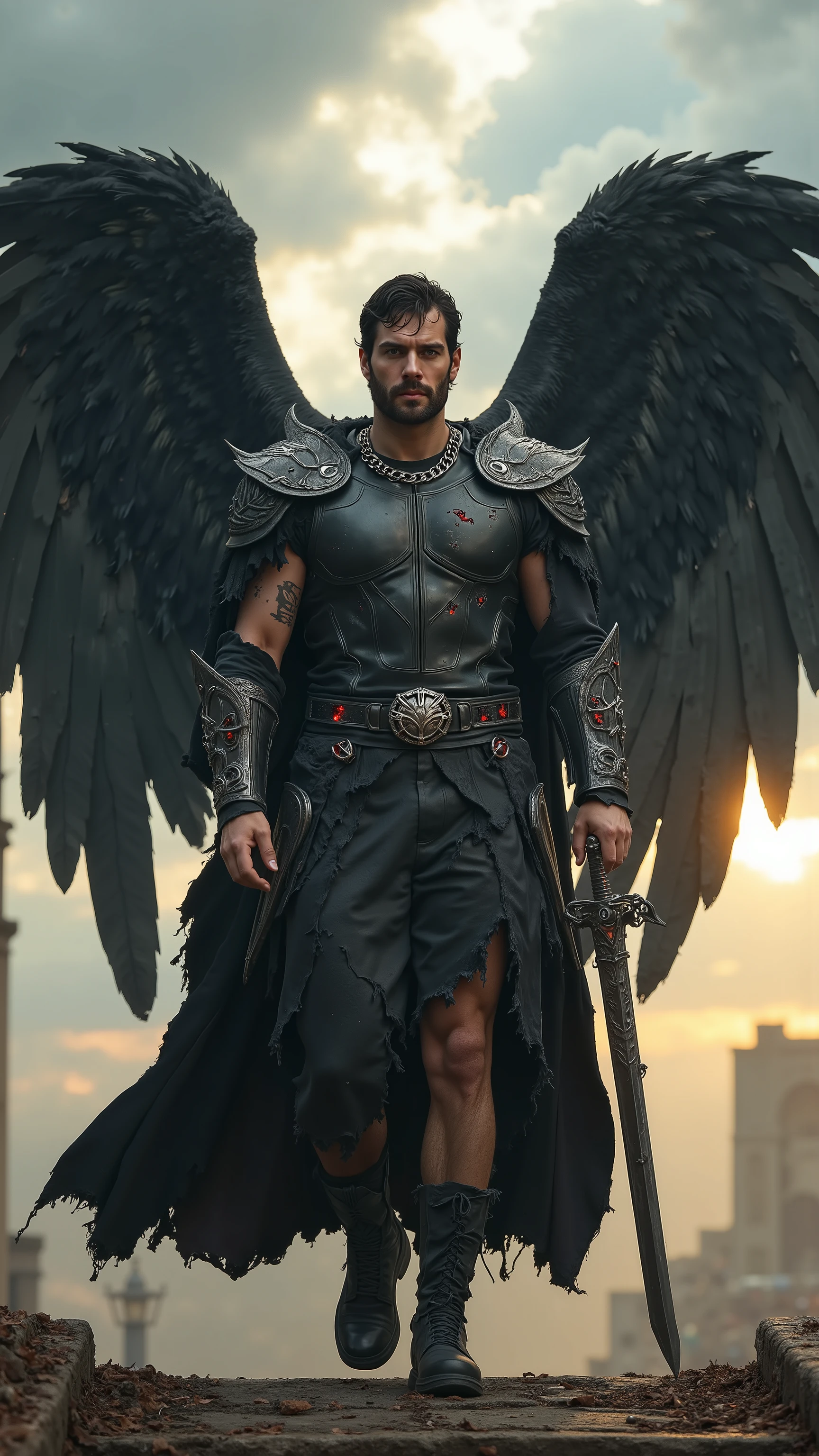 Henry Cavill reimagined as a majestic fallen angel with huge black angel wings with detailed feathers walking and holding staff､dramatic atmosphere, 1 male､ 

piercing steel-blue eyes glow with a quiet, eternal wisdom. His dark, tousled hair falls slightly over his strong brow, while his perfectly sculpted jawline and light stubble enhance his ethereal yet rugged beauty.

He wears an intricately crafted black leather chest plate, adorned with silver filigree depicting celestial runes and broken chains. Over it drapes a flowing, tattered dark crimson cloak that billows like smoke, its edges frayed from countless battles. His broad shoulders are wrapped in obsidian pauldrons carved with angelic symbols, now cracked and scarred. Around his waist, a wide silver belt embossed with fallen angel sigils holds layers of dark fabric that cascade into a battle-worn skirt. His forearms are protected by engraved bracers laced with deep crimson gemstones, pulsing faintly as though still alive with divine energy. In his right hand, he grips a massive blackened greatsword, its blade veined with glowing red cracks—remnants of its once holy nature. A silver chain necklace, bearing a tarnished winged emblem, rests heavily against his chest, a constant reminder of his fall.

, shows his male character's full figure, athletic body, perfect  face, full body, extremely beautiful, god, male shape, perfect anatomy, The background is A vast, storm-torn sky looms above a crumbling celestial temple. Dark clouds swirl violently, pierced by shafts of golden light breaking through., photorealistic, masterpiece, realistic, high contrast, 8k, HD, high definition detailed, detailed, hyper detailed, realistic skin texture, best quality, ultra high resolution, hyper realistic, no text, very detailed eyes, dramatic lighting