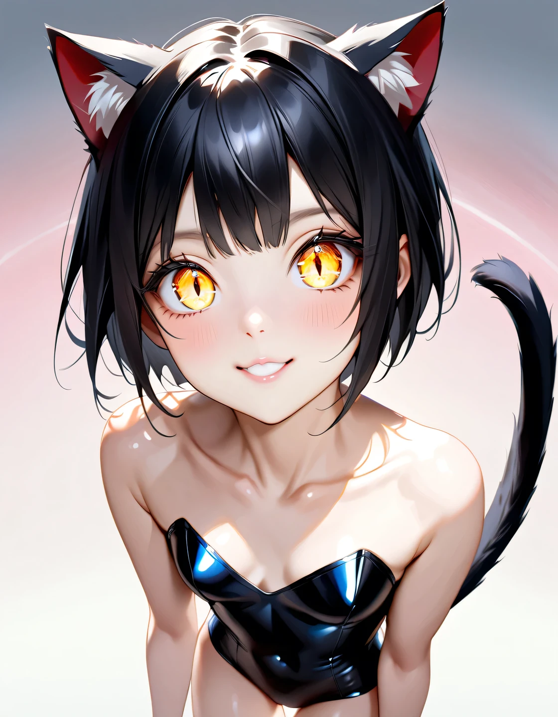best quality, masterpiece, ultra high res, (photorealistic:1.4), RAW photo, break
((adult woman, full body photo)), break
((( beautiful black hair,Short Hair,Cat ears, cat's tail))),break
(( cute smile, Fascinating Lips)),break
(((Elongated pupils like cats ,Golden glowing eyes))),(fine eyes),( eye highlight),break
( Beautiful White Skin), detailed skin, (beautiful slim female figure),(( small breasts)),break
((Black Enamel Leotard,Lustrous Material)),break
(((A completely dark space))),break