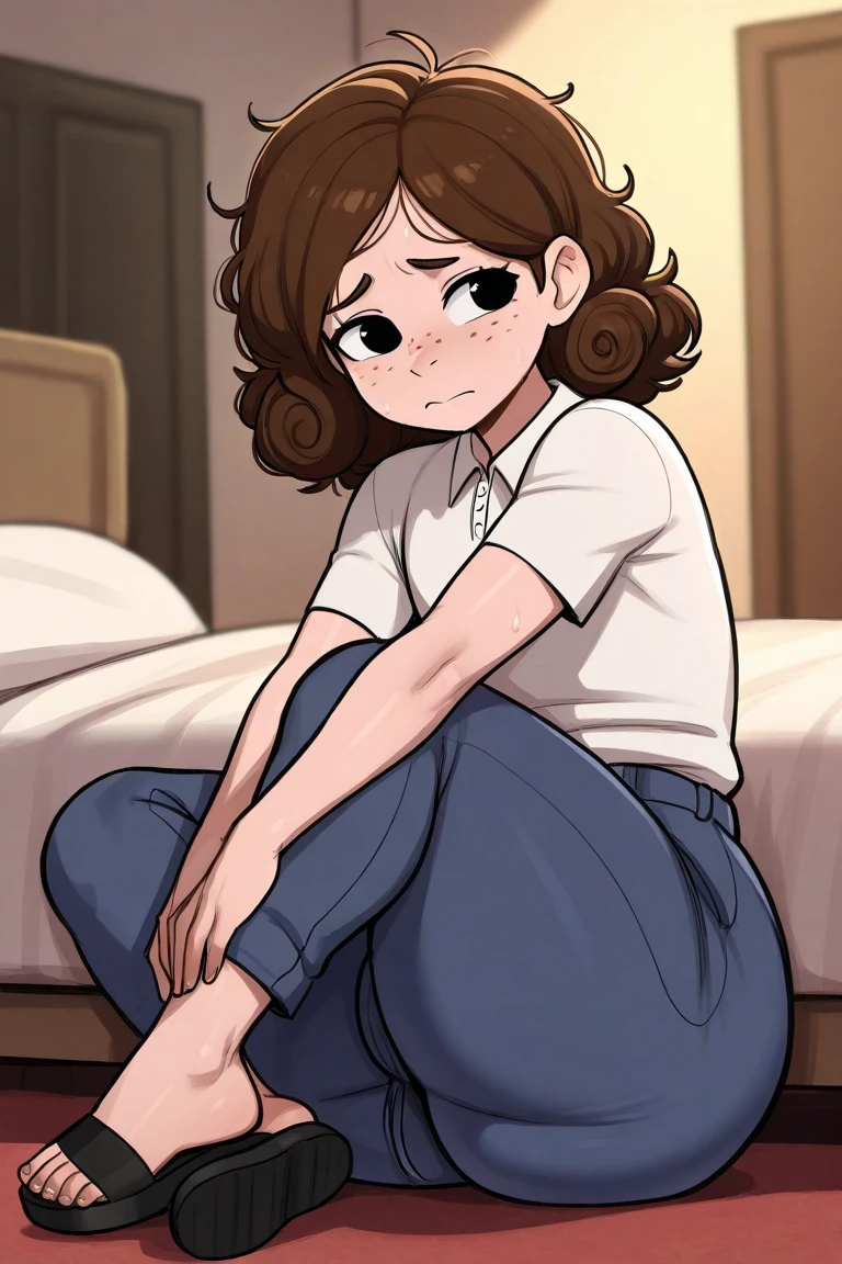 a boy, Alone, eyes, femboy, fair skin medium hair, brown hair, Half-curly hair, Ligate holding a few strands in front of her hair, black eyes, a little bit of freckles on the face, large round buttocks, slim waist, wide hips, thick thighs, beautiful feet, black sandals, polo pants, pants with the image of the cookie eater, white shirt, Room, sitting on the bed, worried, looking at her waist , dusk