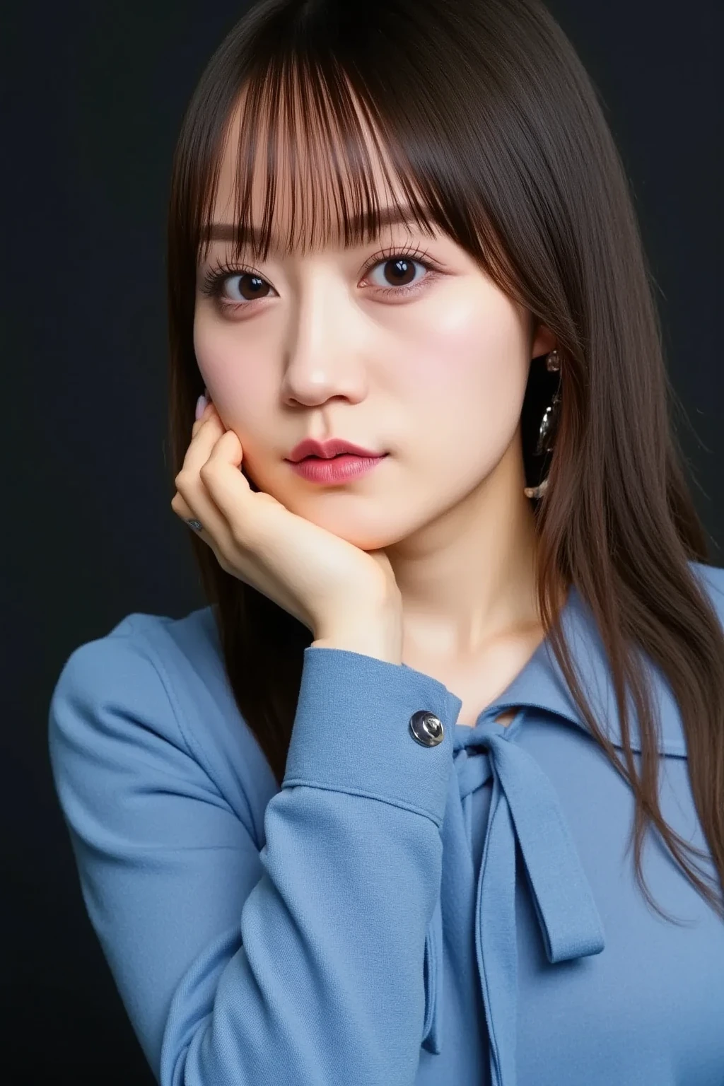 Front view, Extreme close-up of beautiful korean female, 34 inches breasts size, blue eyes, wearing as blue suit, black shirt inside , sitting in interview room brown tone, UHD