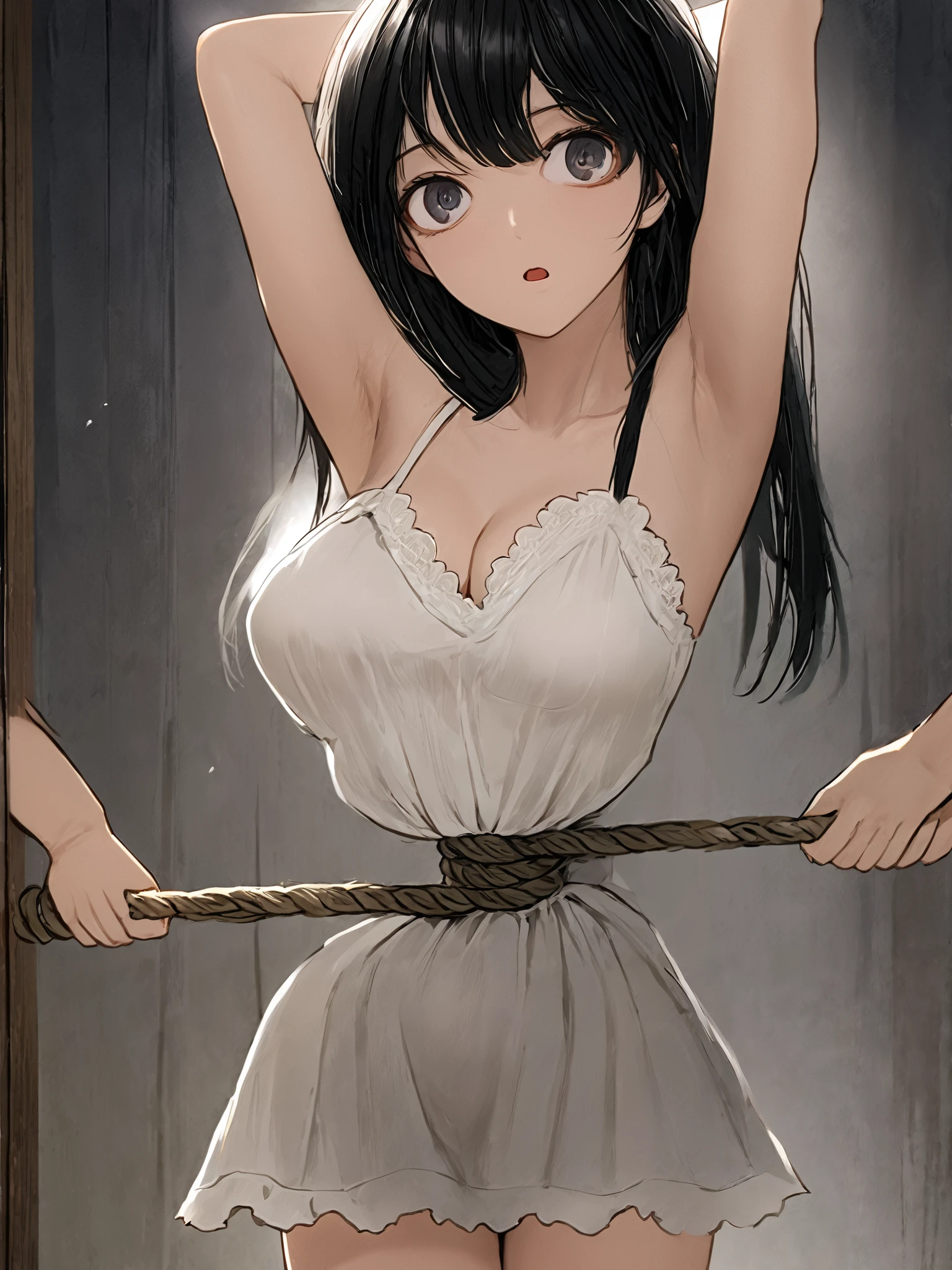(((Anime Style))),((masterpiece)), ((Best Quality)), (Very detailed),torture chamber,(((Hemp rope tightens around the waist))),pretty girl, 1 girl,White lace slip dress,Beautiful black hair, Long Hair, Pain々A funny expression