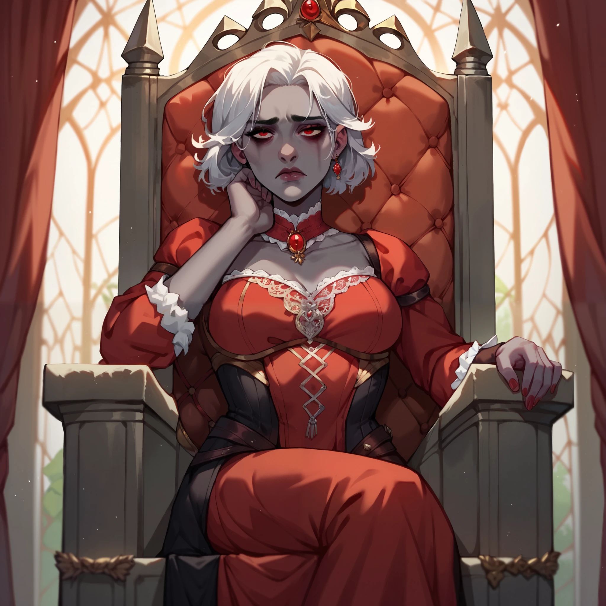 a female drow with white hair, red eyes, short eyebrows and gray skin. she looks sad and depressed with bags under her eyes. she is sitting in a throne chair. she is wearing red royal attire.
