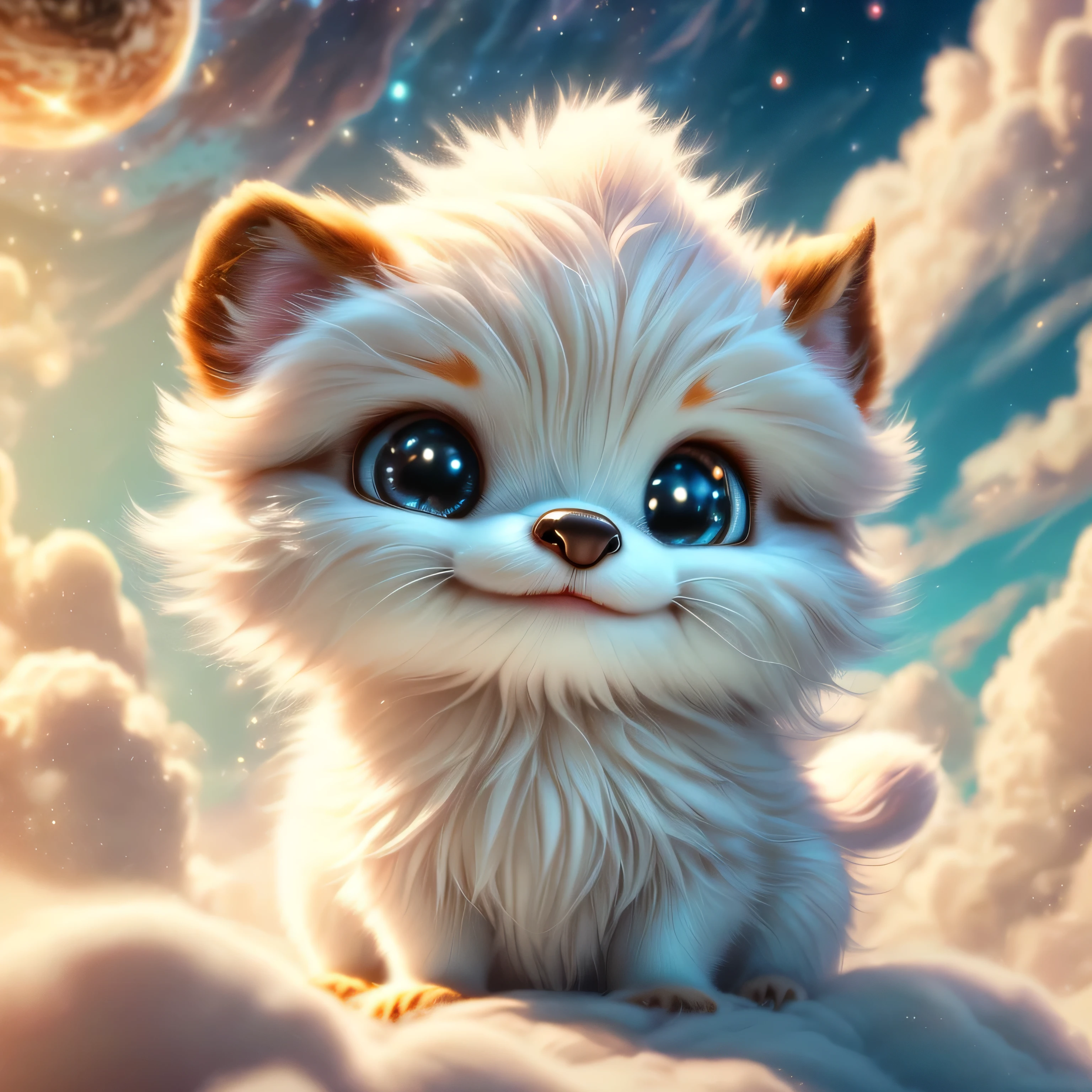 Magical Fantasy Creature, airbrushed super detailed, hyperrealistic fantasy art. Highly textured, hyperrealistic 3D render of a super cute realistic adorable celestial creature, cute and white, floating among the clouds. Creature is a small furry celestial spirit radiating a soft light. Soft focus with a soft volumetric glow. Detailed fur texture, creature design by Ian McCue