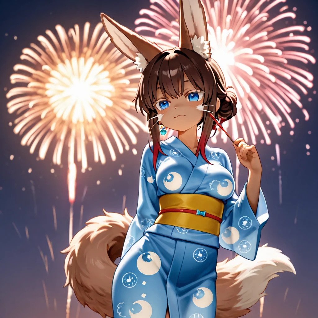Solo, score_9,score_8_up,score_7_up, source_furry, kat, Anthro furry feline, big blue sparkling eyes, blonde hair, (ponytail hair), pink nose, :3, white whiskers, silver fur with grey stripes, furry body, wearing solid blue bandeau, brown short shorts, brown boots,  standing, amazed expression, looking up at the sky, on a grassy field, mouth open, :o, rear view, low angle shot, many fireworks in the night sky, night time