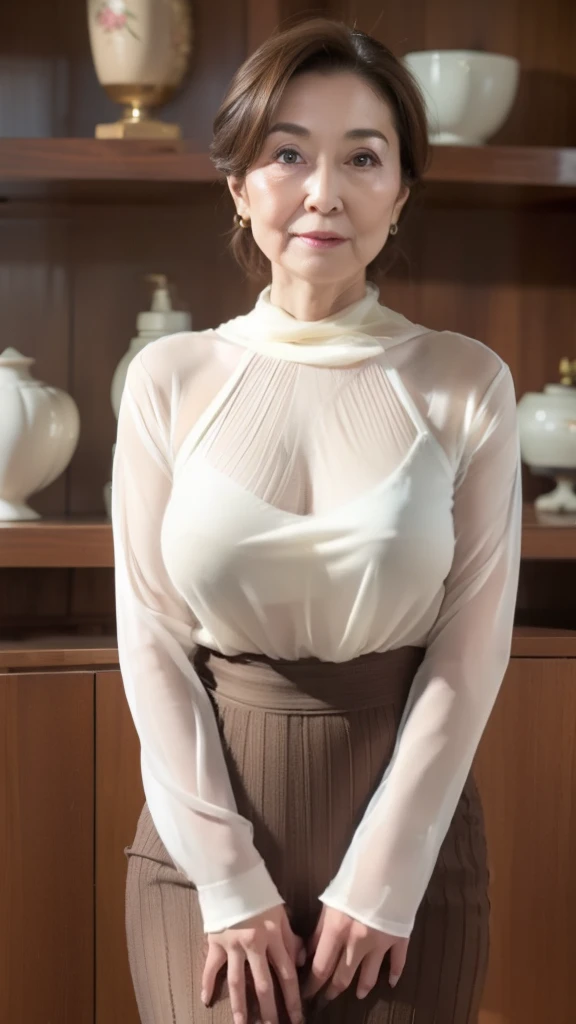 high definition, high definition, Attention to Details , masterpiece, Anatomically Accurate , sharp, (( Japanese,Mature Woman)),(80 years old:1.5),(old woman:1.6),(( facial wrinkles)), Long light brown hair , bangs,(((stand up,))),View photographer , stares straight ahead,( sheer sheer knit blouse :1.3),( Tight Skirts :1.1),Inside the warehouse,(Straight face:1.3), Middle-aged obesity ,(Long face:1.2),(Ordinary housewife:1.3), ( completely naked:1.2)