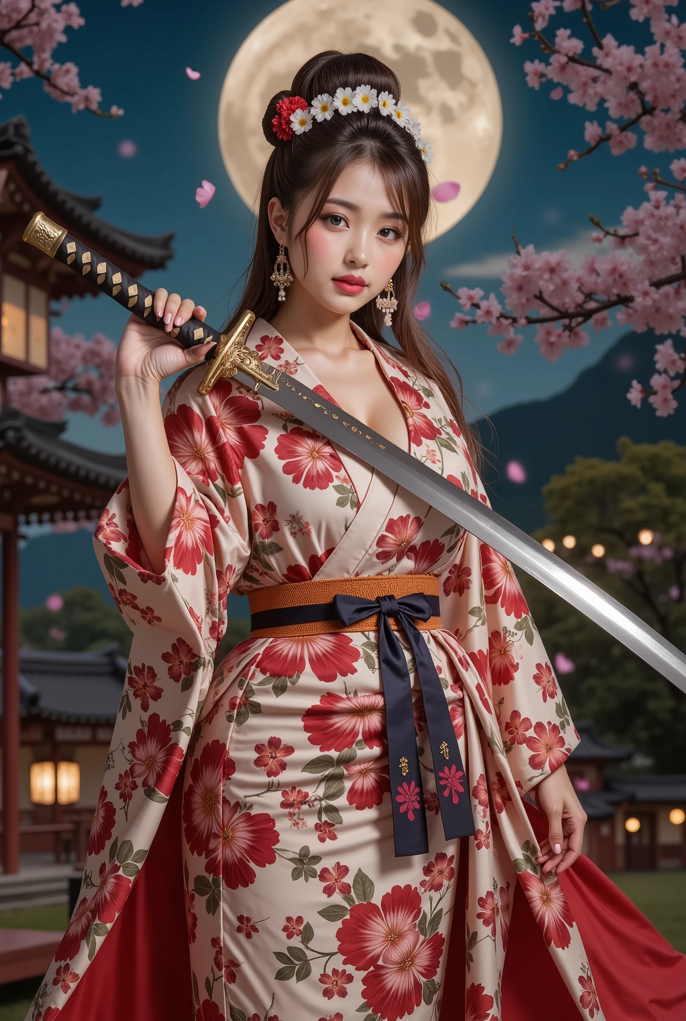 ( masterpiece, top quality, by Nomi, high resolution, photos, :1.3), sharp concentration, 1 Beautiful Japanese Geisha Girl, ((( Beautiful kind face :1.5))), Geisha hairstyle, ((( plump body))), Japanese Geisha's Gorgeous Kimono, Standing Pose, (( full body shot)), full body, has a large sword, Japanese style background, night,