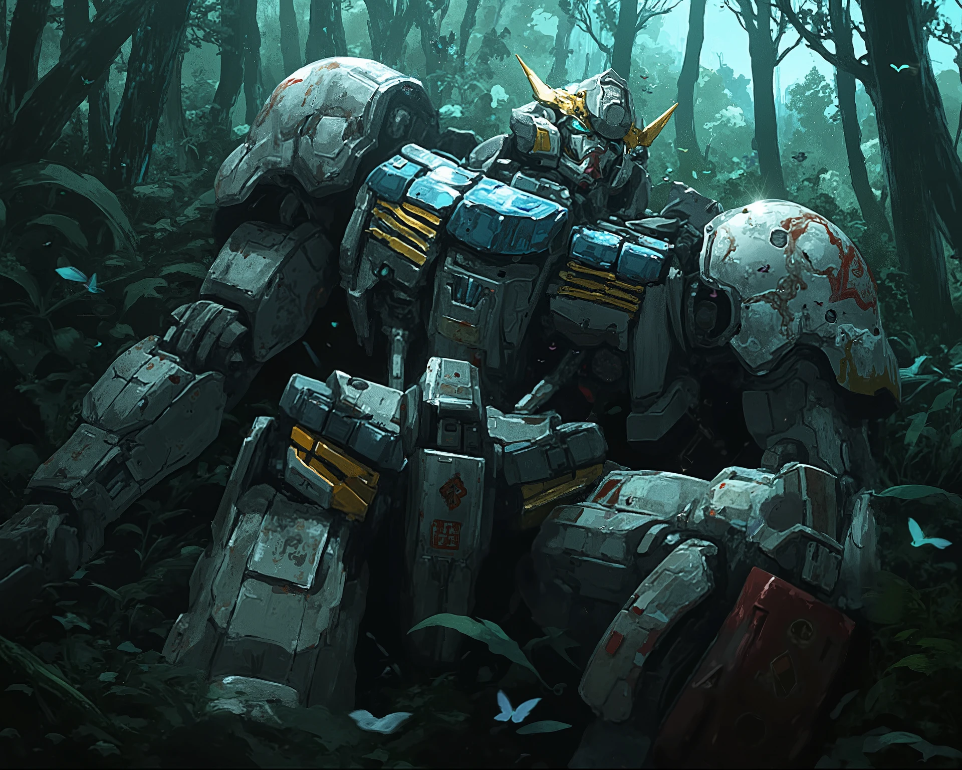 Enermous mechanized Gundam, view from above, close up, upper body,Lying in the forest,Abandoned,The dim light of the sun penetrates the trees, cinematic,Surrounded by butterflies,