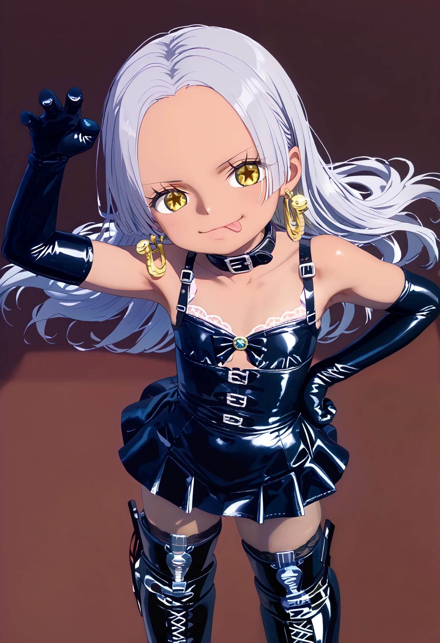 BDSM、Queen、mistress、(((One girl)))、(((solo:1.8)))、(((Black latex elbow gloves:1.4)))、(((Black latex corset dress:1.4)))、((( corset dress is adorned with beautiful lace)))、(((corset dress with shoulder straps that are brown all the way down)))、((( black latex tight mini skirt :1.4)))、((( black thigh-high boots:1.4)))、(((Black rubber tights:1.2)))、((( stiletto heel boots that kick a man:1.4)))、((( stiletto boots:1.4)))、((( black latex high leg panties )))、(((Black latex bra)))、(((Black leather collar)))、((( sexy pose:1.4 )))、 wide thigh opening with one leg:1.2、((( erotic)))、(((cowboy shot)))、 close-up、((( place your hands on your hips)))、 beautiful eyes with highlights、 fine, beautiful skin、Two anatomically perfect arms、Two anatomically perfect legs、( perfect 4 fingers and 1 thumb )、(超high resolution, retina, masterpiece, accurate, 解剖学的に accurate, super detailed, Advanced Details, high resolution, 1080P, 16k:1.3)、(S-Snake:1.3)、 long hair, Gray Hair, ((( brown skin)))、, Earrings,For One Woman , golden eyes, symbol pupils, black wings:1.3)、 ( flat chest:1.5)、( shiny skin :1.3)、( sundress, white dress, sleeveless、 squat 、 stick out your tongue、claw pose:1.3)、( full body、 on the forehead、 from above:1.3)、( squat 、claw pose、 half-open, wearing a smug expression, I closed my mouth, smug :1.3)