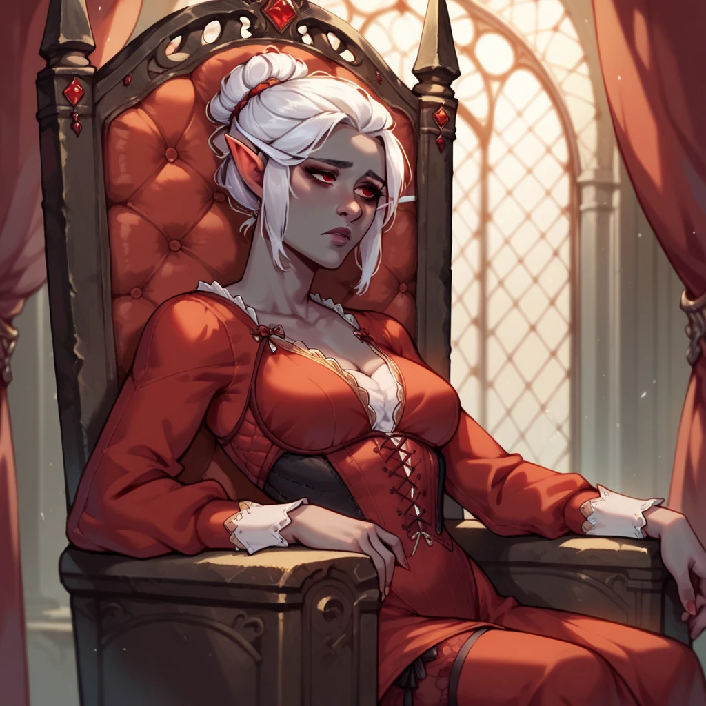 ((illustration of a female version of Strahd Von Zarovich in sexy gothic noble outfit sitting on a throne holding a glass wine goblet filled with blood)), royal noble outfit, ((vampire)), has teeth fangs, long black hair, portrait, 8k resolution, masterpiece, high quality, ultra detailed eyes, 1girl, female focus, voluptuous figure, ((sad demeanor)), vampiric features, showing, vampire fangs, pale skin, elf ears, castle interior background, gothic theme, dungeons and dragons fantasy aesthetics, use Curse of Strahd visuals, sassy demeanor
