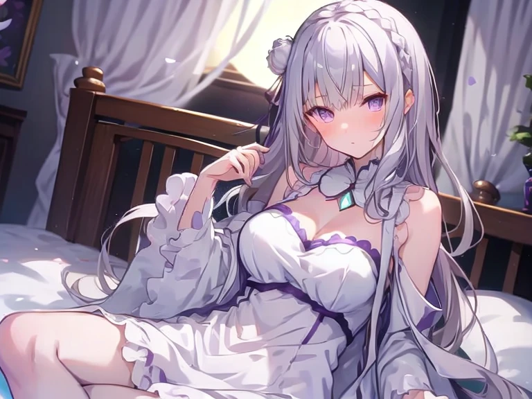 a women, white hair, purple eyes, white dress