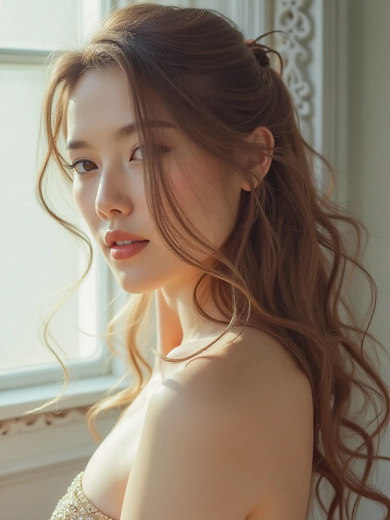 Long light brown braided hair、Small cleavage、(High Detail Skin)、8K UHD、Digital SLR、Soft lighting、hightquality、80mm、Hasselblad、HDR Caswin Pictures