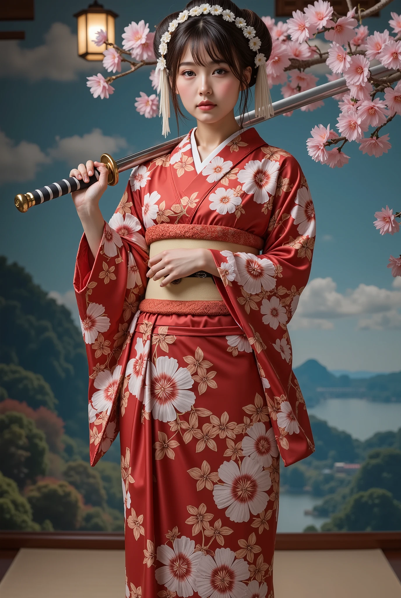 ( masterpiece, top quality,  by Nomi, high resolution,  photos, :1.3), sharp concentration, 1 Beautiful Japanese Geisha Girl, ((( Beautiful kind face :1.5))), Geisha hairstyle, ((( plump body))), Japanese Geisha's Gorgeous Kimono,  Standing Pose, (( full body shot)),  full body,  has a large sword, Japanese style background, night,