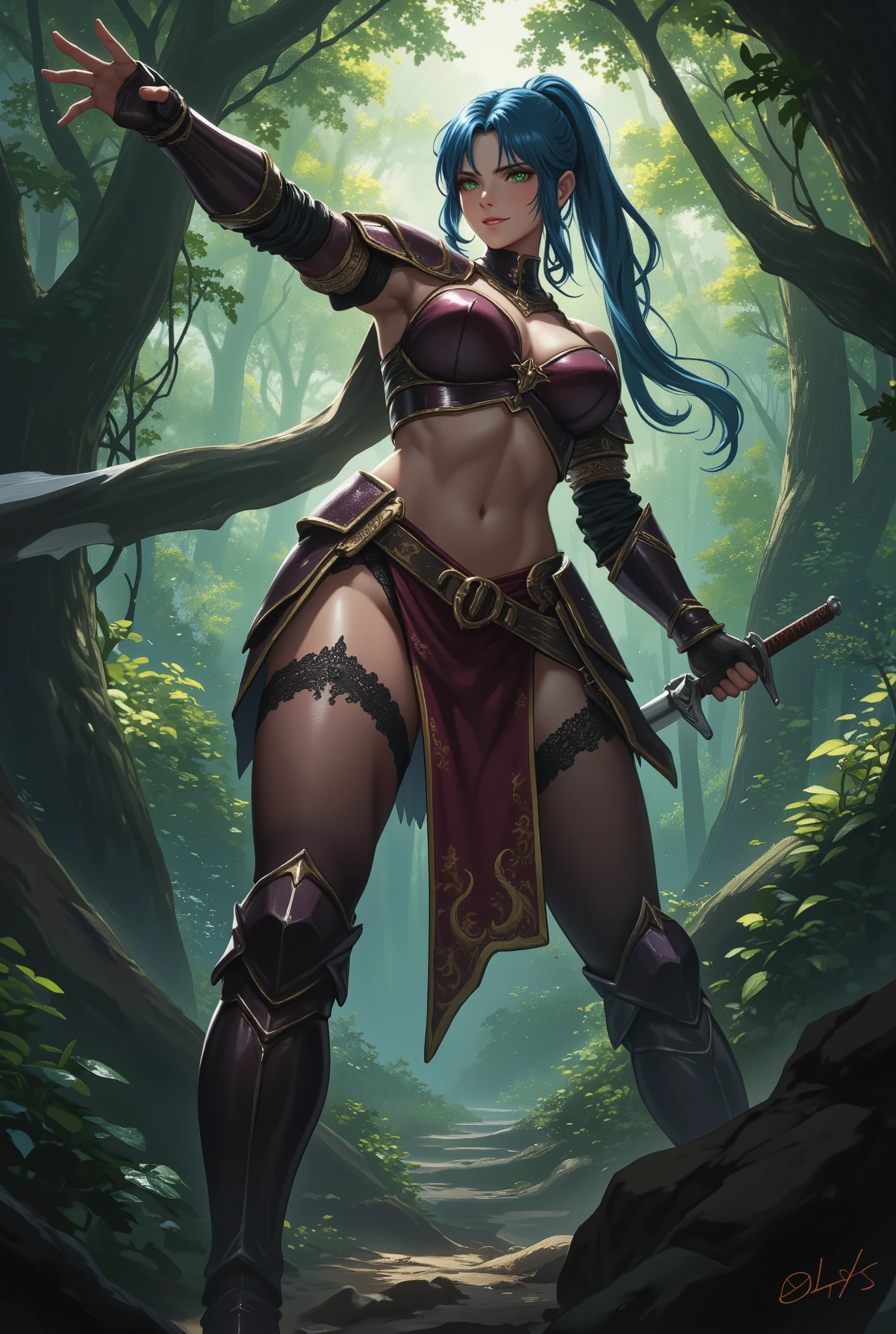 A fantasy female warrior posing confidently in a dense, shadowy forest. She wears heavy dark maroon armor with elegant bronze trim, intricately detailed to emphasize strength and beauty. Her armor leaves her midriff and thighs bare, revealing toned muscles and a sexy belly button. Black lace trim peeks from under her armor along her cleavage, adding a subtle touch of sensuality. She has blue hair tied in a high ponytail, with strands flowing behind her as she moves, and her intense green eyes lock onto her target with a fierce smile.
Her stance is powerful—feet spread wide for stability, thighs tense and ready for action. She holds a gleaming sword in one hand, extended in front of her, angled toward an unseen enemy. Her other hand is stretched to the side for balance, fingers splayed as if anticipating the next move in battle. Her curvy figure, large breasts, and firm hips are accentuated by her commanding posture.
The fantasy forest around her is dense and alive, shafts of light piercing through the thick canopy, highlighting the glint of her armor. Every detail, from her poised stance to the confident smile on her lips, reflects a warrior who’s both graceful and deadly, ready to strike at any moment.