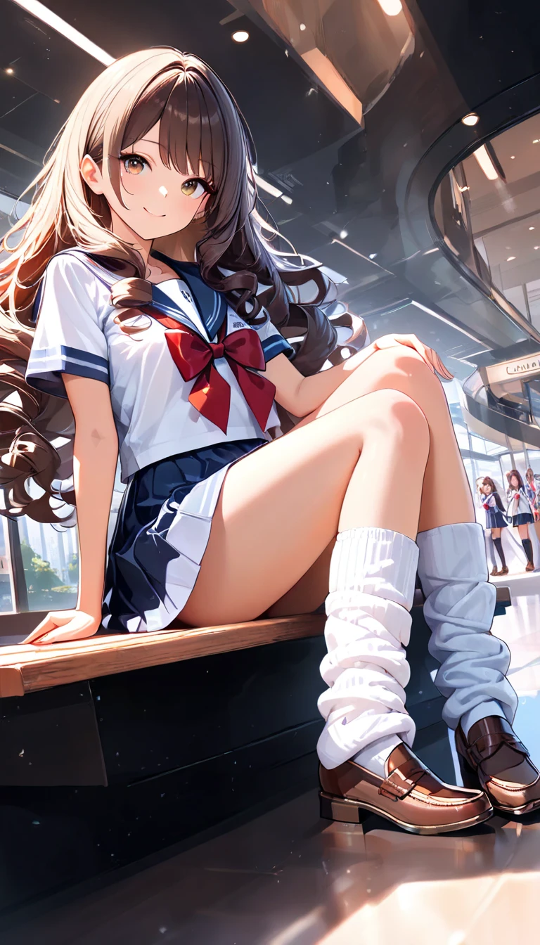 (Hires), (1girl), (18yo), (adult body), (adult body ratio), (cute sailor school girl uniform), (opened white shirt), (lifted blue skirt), (smiling gently), (wind blowing skirt), (spreading legs), (looking at the viewer), (shot from below), (breast gap), (butt cheek), (wearing sexy high v-cut underwear), (shape of inner labia underneath the underwear), (obvious cameltoe shape), (meaty pussy), (blushed face), (chubby thighs), (detailed skin), (bodyhair:0.5)