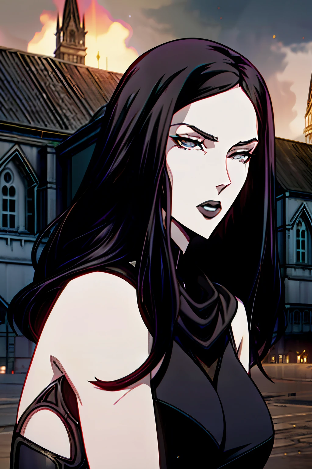 The woman,  style long hair,  long hair ,  Black hair, black hair,  Bangs , ((pale, pale skin, black eyes , black eyes)), little clothing, black clothes, black clothes, high boots, hig boots, Gloves, gloves, cathedral, Evening, fantasy, (( breasts ,Gothic, upper body, close up))