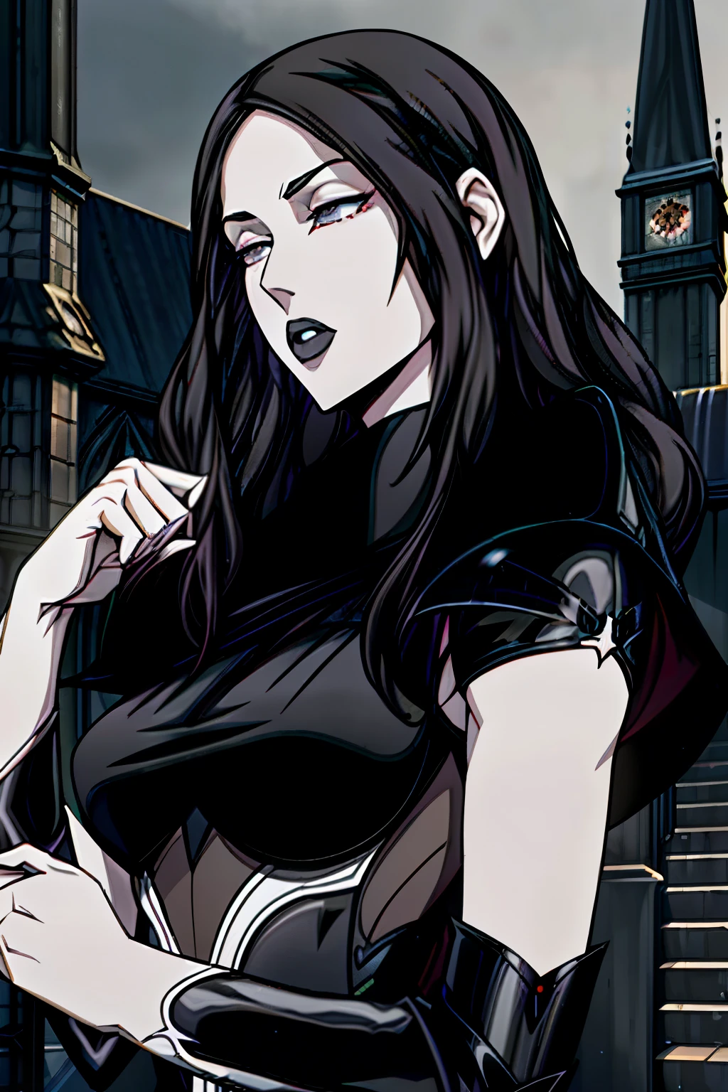 The woman, style long hair, long hair , Black hair, black hair, Bangs , ((pale, pale skin, black eyes , black eyes)), little clothing, black clothes, black clothes, high boots, hig boots, Gloves, gloves, cathedral, Evening, fantasy, (( breasts ,Gothic, upper body, close up))