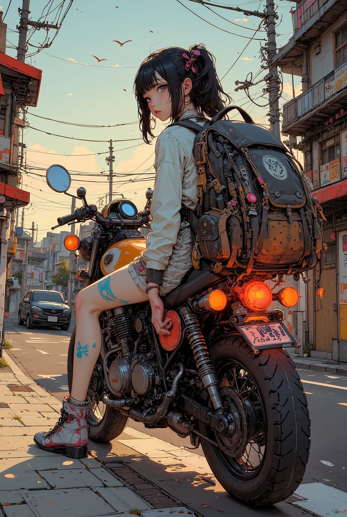 A girl straddling a motorcycle, looking back at me, waving, Street Corner in a Japanese Suburb, Motorcycle tail lamp clearly, magic hour, big backpack, Luxurious Fabrics, Details, full color illustrations, Fantastic painting atmosphere, ((anatomically accurate)), Japanese Streetscape in the 1980s, masterpiece, best quality, (High Definition, masterpiece, Accurate, top quality, High Definition model, high detail, (((The textures are soft))), ((matte and toy-like with a handmade premium look)), (((Tim Burton style))), 