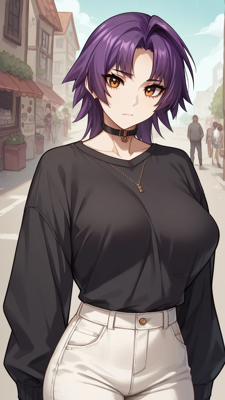   score_9,   score_8_up,   score_7_up,   score_6_up, 1 girl,stupid hair,  purple hair,  split bangs ,  medium hair,nice,  big head,  big breasted,Wearing clothes, popup,45 years old
