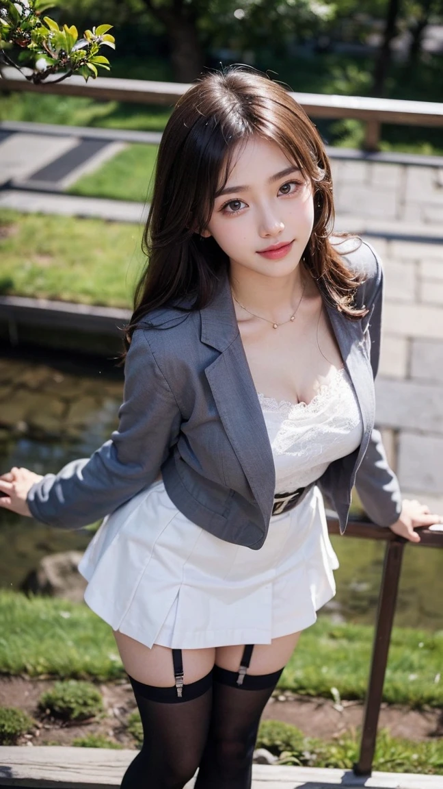 masutepiece, Best Quality, Illustration, Ultra-detailed, finely detail, hight resolution, 8K Wallpaper, Perfect dynamic composition, Beautiful detailed eyes, ,Medium Hair, Big breasts, Natural Color Lip, Random and sexy poses,Smile、20 years girl、 high school giller suit、Cleavage、a miniskirt、Loose socks、By the pond