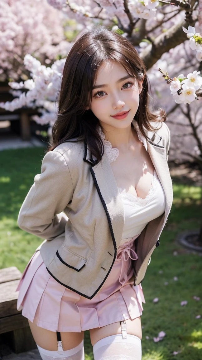 ((((highest quality))))、(((Ultra-precision CG16K wallpaper)))、(((masterpiece)))、(((Super detailed)))、(((Extreme detail)))、((1Mature 29 year old woman:1.6))、((Very beautiful Japanese faces))、((Yua Mikami:1.5))、((Soft wavy medium long hair、blunt bangs:1.5))、(Shiny brown hair)、Beautiful brown eyes、Clearly defined pupils、eyeliner、eye shadow、High nose、Small nostrils、Small Mouth、Seductive lips、Beautiful breasts、((C cup size breasts))、Cleavage、Voluptuous body、eight-headed body、Perfect proportions、Perfect Anatomy、Perfect composition、Beautiful detailed shading、Beautiful, natural lighting、Beautiful detail glow、Depth of written boundary、(((High chroma)))、(((Real:1.9)))、((vivid:1.5))、((Beautiful Skin))、((Skin Texture))、((Realな皮膚感))、(((Cowboy Shot:1.6)))、((Front view、shoot from front、Front low angle:1.6))、(((smile:1.4)))、((The woman is looking at this、looking at viewer、Facing forward:1.6))、Bright daylight、Natural light、(((Riverbank、Tree-lined street:1.5)))、(Sitting pose:1.6)、(((Pink business suit、Pink slit mini skirt:1.6)))、((Earrings、Wearing a necklace:1.3))、(((woman is sitting on a bench:1.6)))、