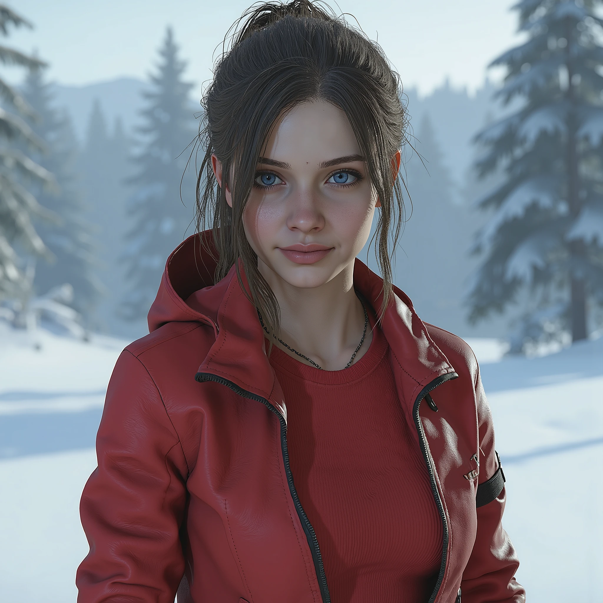 claire redfield, (resident evil)、 young face, light blue eyes, toothy smile、corpo sexy、in red sweatshirt , big jacket, big boobs, taking selfie, na neve, looking at the camera, ((best quality, extreme quality , masterpiece)), realistic