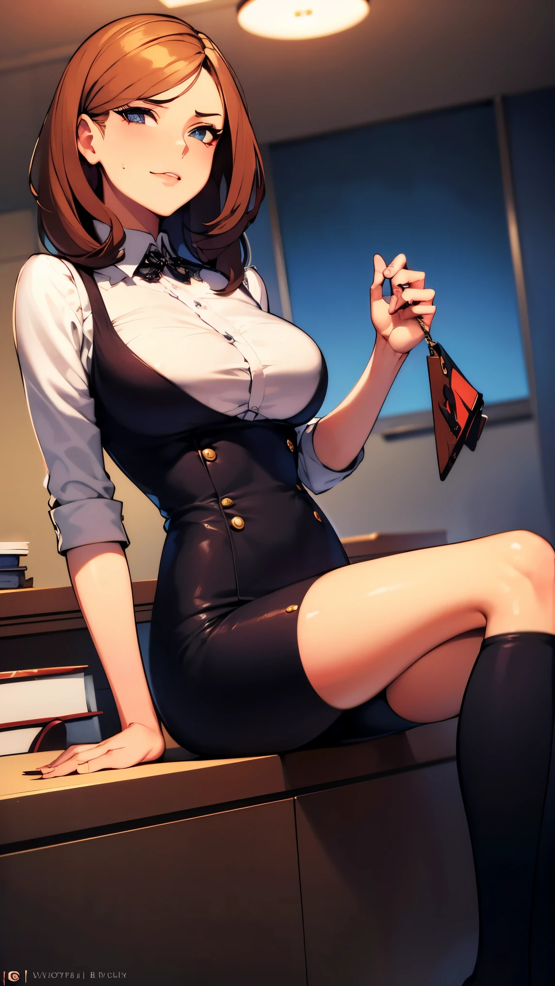 1girls, Female teacher，Delicate and beautiful face, get  blush, Purple pupils，red tinted hair，long haired，ear ring， Plump chest，Convex buttocks，Black and white shirt，yellow bowtie，red short dress，Black lace stockings，perfectly proportioned, Detailed clothing details, On campus，There are many students around，Cinematic lighting, filmgrain, Fujicolor, light and darkcontrast, 8K, 巨作, Textured skin, Super detail, high detailes, High quality, high resolusion,