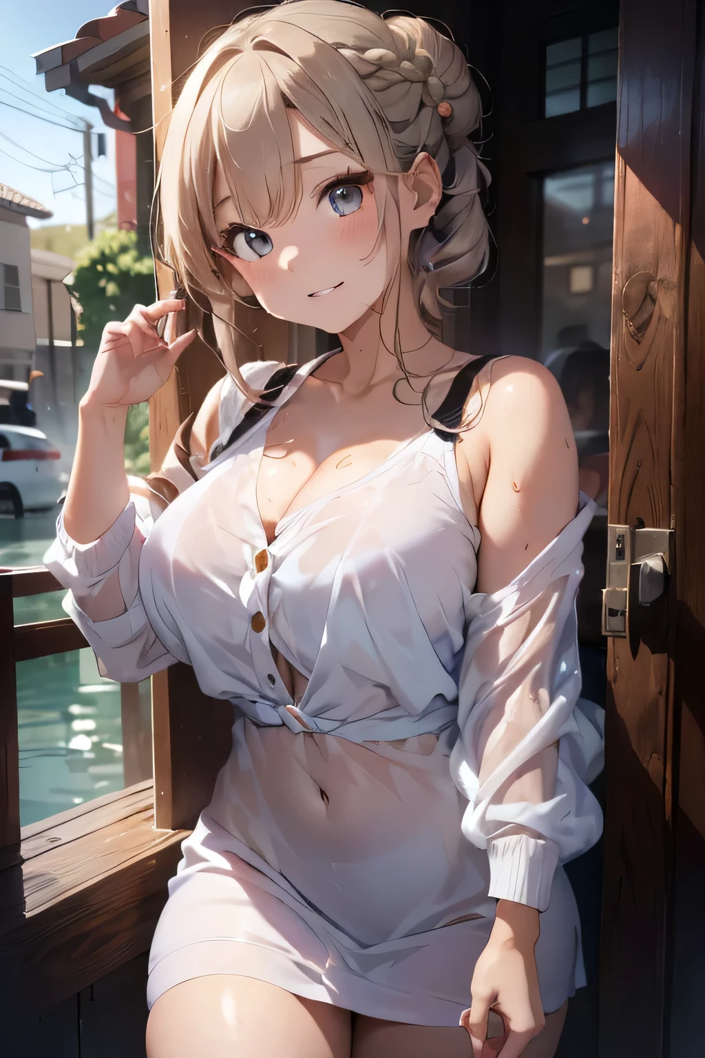 (masterpiece:1.2, top-quality), (realistic, photorealistic:1.4), beautiful illustration, (natural side lighting, movie lighting),
looking at viewer, cowboy shot, front view:0.6, 1 girl, japanese, high school girl, perfect face, cute and symmetrical face, shiny skin,
(long hair:1.8, side ponytail:1.7, light blond hair), parted bangs, emerald green eyes, long eye lasher, (large breasts:0.9, thick thighs), hoop ring earrings,
beautiful hair, beautiful face, beautiful detailed eyes, beautiful clavicle, beautiful body, beautiful chest, beautiful thigh, beautiful legs, beautiful fingers,
((white collared shirts, open shirts, sleeves rolled up, navy pleated mini skirt, loose socks, hair ornament), shocking pink bra and panties, cardigan around waist),
(beautiful scenery), evening, shibuya street, walking, holding a phone, (lovely smile, upper eyes, open mouth),