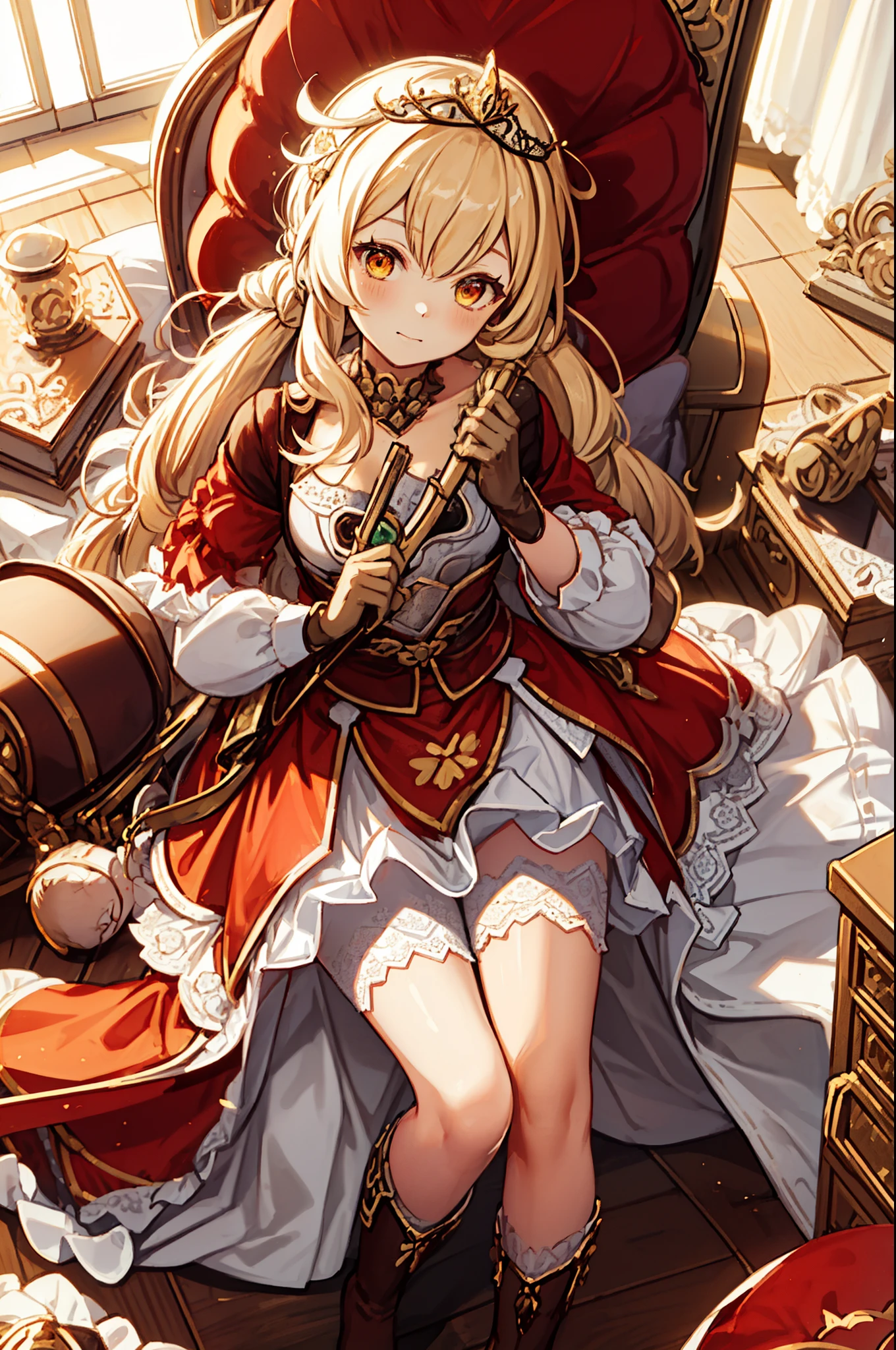 age Girl, charming,gorgeous,In Love ,sacred,( Yellow and White Princess Skirt :1.3),blond,klee, red eyes, Minimalism , Multi-layer exquisite ruffles ,Lots of Lace,( Lines on clothes :1.2),( Exquisite clothing :1.1),(Multi-layer Skirt ),Princess Crown, Perspective tulle garment , Beautiful detailed face , Bedroom scene in Western mythology, movie lights ,night,Single, Metallic Decoration ,lace,(shine:1.2), ( Best Quality ), (masterpiece:1.2)
