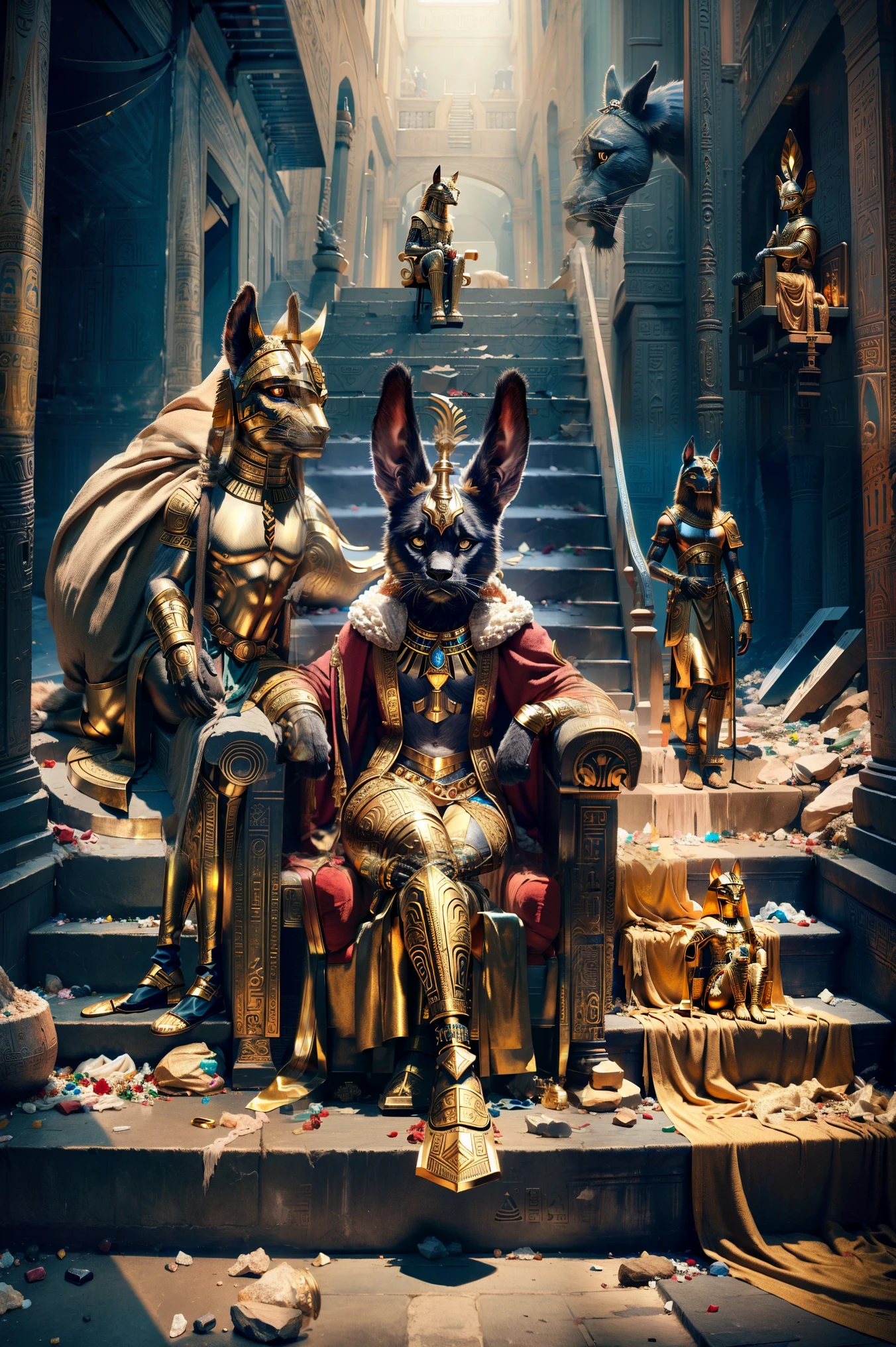 God Anubis sitting on a golden throne at the top of a staircase, next to you is a black panther, Egyptian palace scene