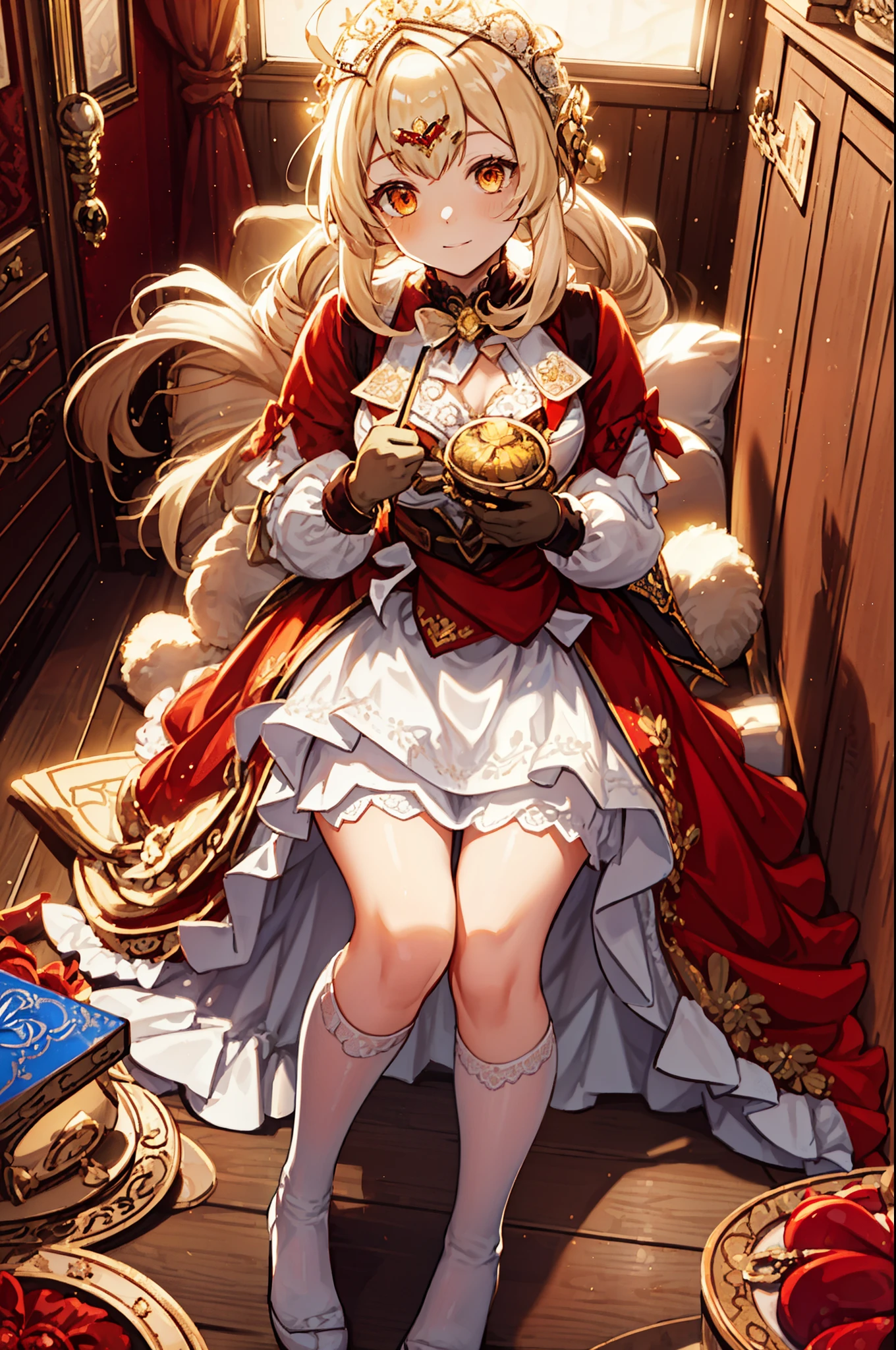 age Girl, charming,gorgeous,In Love ,sacred,( Yellow and White Princess Skirt :1.3),blond,klee, red eyes, Minimalism , Multi-layer exquisite ruffles ,Lots of Lace,( Lines on clothes :1.2),( Exquisite clothing :1.1),(Multi-layer Skirt ),Princess Crown, Perspective tulle garment , Beautiful detailed face , Bedroom scene in Western mythology, movie lights ,night,Single, Metallic Decoration ,lace,(shine:1.2), ( Best Quality ), (masterpiece:1.2)