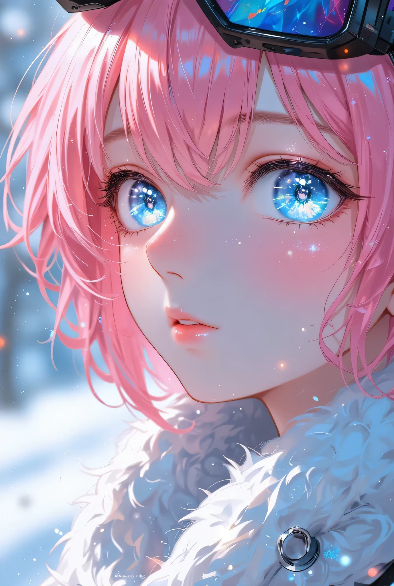 (EyesHD:1.2), masterpiece, best quality, ultra-detailed, very aesthetic, sharp focus, depth of field, vibrant colors, ray tracing, best lighting, detailed illustration, detailed background, cinematic, beautiful face,beautiful eyes,
1lady,(((pink short hair))),(((glowing blue eyes))),
a Cowboy Shot,Cross-Country Skiing,snowing,white brilliant view,