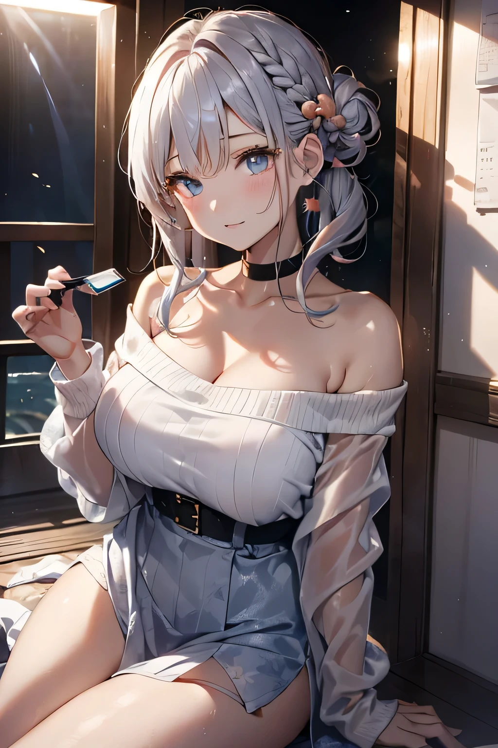 Raw image of a Beautiful woman, (solo:1.1), (mature woman:1.2), silver curly hair, (side curls), hair band, blue_eyes, (detailed eyes), looking at the viewer, loose hoodie, (off-shoulder hoodie), (beautiful round breasts), standing, (masterpiece, best quality), vivid colors, soft ambient lighting, 8K, HD, intricate, ultra-detailed, (absurdres:1.2), bokeh, window background, blurry_background, aesthetic indoors, highly focused, photography pose, facial details, (detailed face)