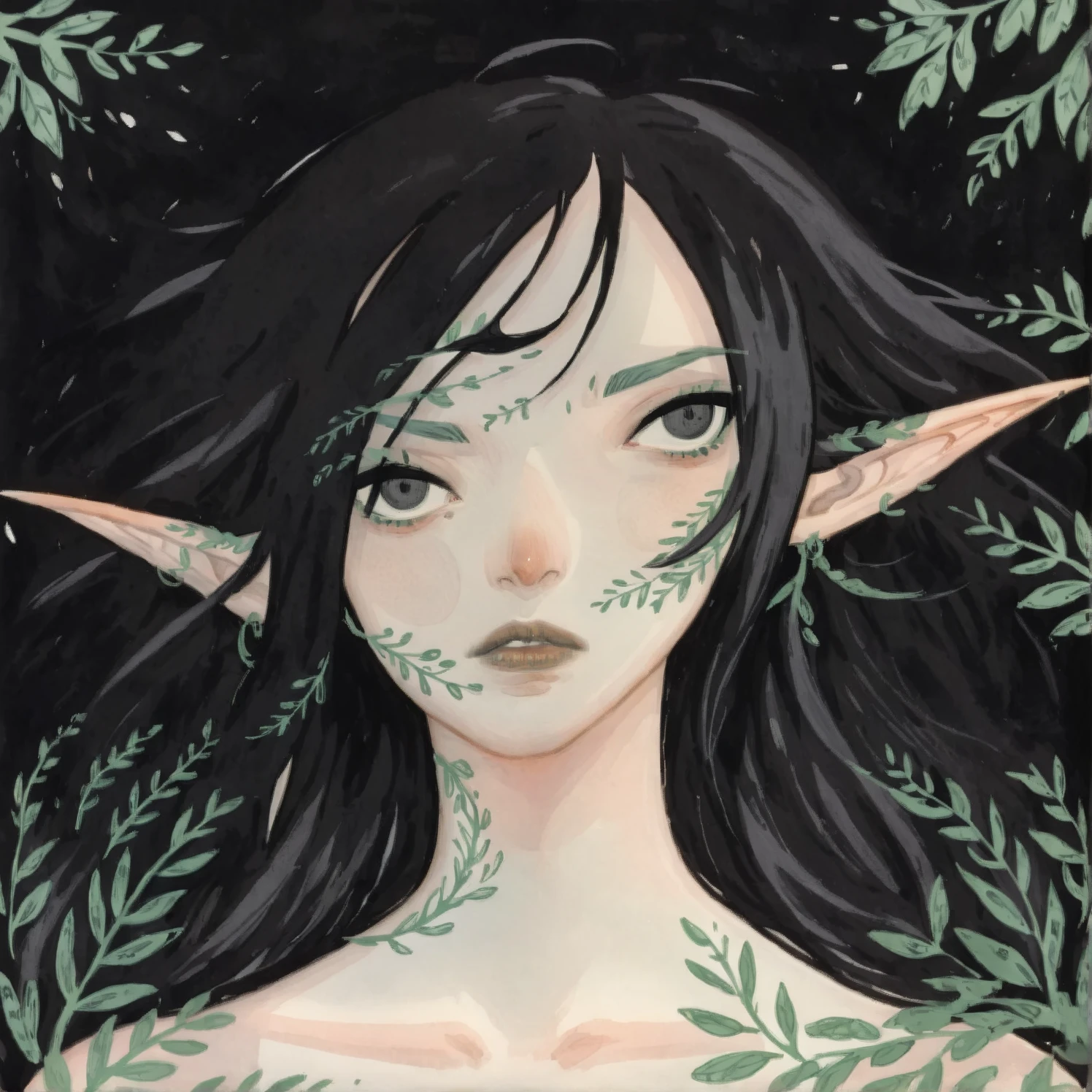 2D ART, hyper detailed gouache painting, illustration, gougoupaintleaves style, portrait of a man, 1boy, solo, black hair, side_cut_hairstyle, male_drow:1.5, dark elf, black eyes, black sclera, detailed face, handsome features, tonned, lean naked body, detailed body, pointy ears, standing in a dark forest, on simple white background, full body shot, very detailed,