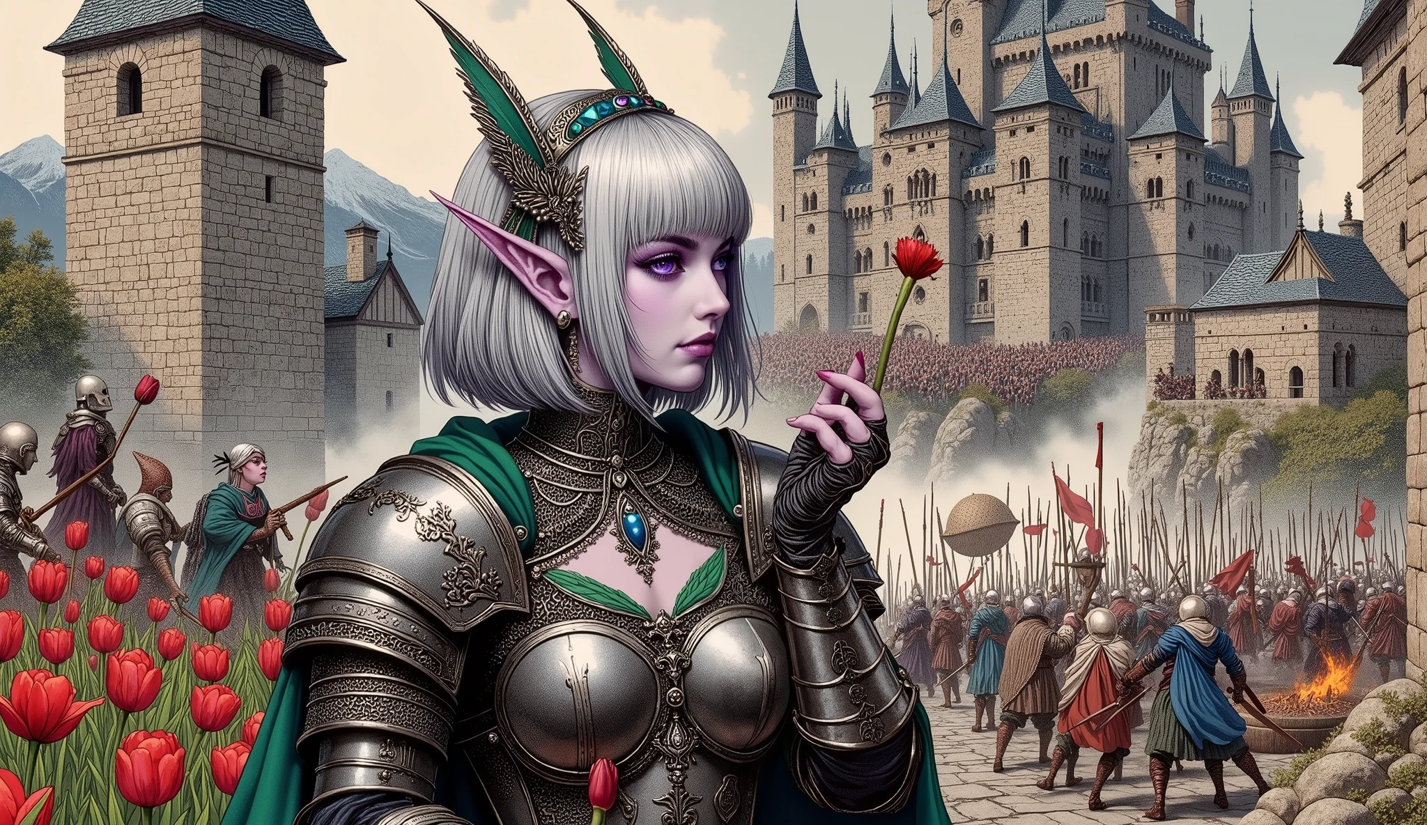 (Ultra-detailed face, looking away, Fantasy Illustration with Gothic, Ukiyo-e, Comic Art, Rich colors), BREAK (This is on the ramparts of a medieval European-style mountain castle in the midst of a fierce battle. From the castle walls, we can see that it is filled with a large number of armed white enemies who are about to attack us. Around them, fires are burning and smoke is filling the air.), BREAK (DarkElves: A middle-aged dark elf woman with silver color hair, blunt bangs, very long disheveled hair and dark purple color skin, lavender color eyes), BREAK (DarkElves: A female dark elf knight wears a tiara with blue jewels, silver armor with silver and red relief, and a green cape.), BREAK (A female dark elf knight holds a red tulip in one hand and kisses it.:1.3)