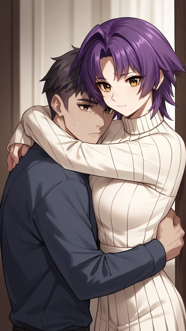   score_9,   score_8_up,   score_7_up,   score_6_up, 1 girl,stupid hair,  purple hair,  split bangs ,  medium hair,nice,  big head,  big breasted,Wearing clothes, popup,45 years old, hugging a man