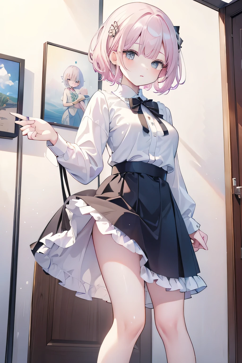 Short Hair、 light pink hair、bright green inner color、beautiful young woman in her early 20s, Vertical Sweater、Light silver eyes、beautiful young woman in her early 20s with light pink hair and yellow-green,  with big breasts,   full body shot ,  masterpiece,  high quality, (最 high quality,4K,8k,high resolution, masterpiece:1.2),超high resolution,( by Nomi,photo by Nomi,photo- by Nomi:1.37),high resolution,超high resolution, studio lighting , Super Fine Paintings  ,sharp concentration,physical based rendering, detailed depiction of up to the front door, Professional, bright colors,Bokeh、Tuck up the hem of your skirt、 low angle、 Panchira 、skirt lift:2.0