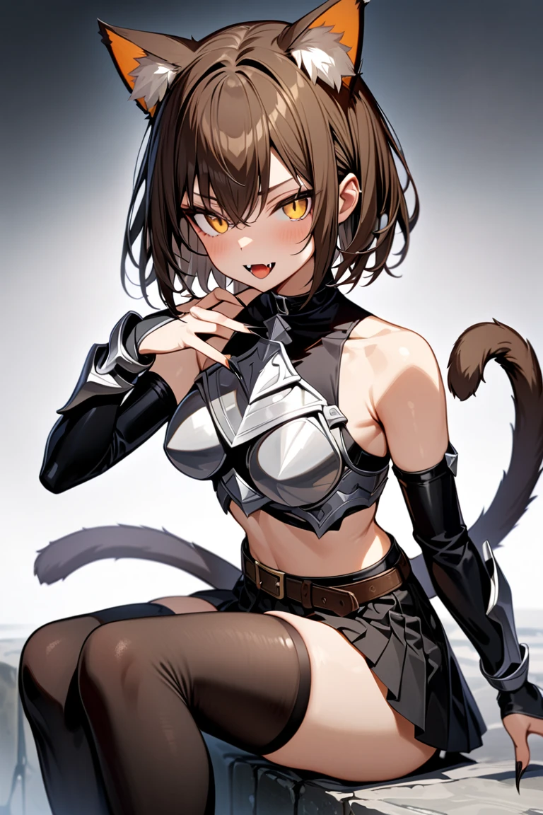 1girl, alone, short hair, breasts, looking at viewer, brown hair, gloves, navel, hyena ears, cleavage, brown eyes, medium breasts, closed mouth, standing, tail, cowboy shot, midriff, indoors , cat ears, dark skin , fingerless gloves, dark skin woman, tattoo, abdomen, toned, ear piercing, arm tattoo, avatar \(ff14\) gloves, jewelry, pantyhose, shorts, choker, midriff, fingerless gloves, necklace, collar, black shirt, tattoo, black shorts, fishnets, spikes, fishnet pantyhose, goth 