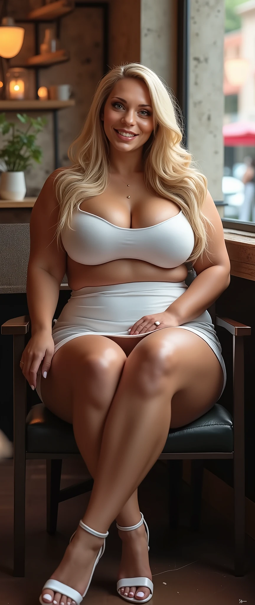 A beautiful woman with a perfect body, nude. She has big breasts, perfect fingers, perfect feet, sandals, without a bra, and her hard, big, and beautiful nipples are prominent, big aureolas, skin white pale, lactation, platinum blonde hair, blue eyes.