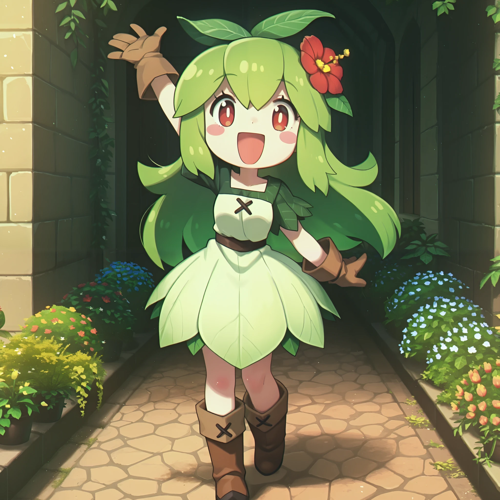 masterpiece, best quality, amazing quality, Anime Screencap. BREAK. 1girl, monster girl, plant girl, solo, flower, green hair, hair flower, hair ornament, plant, smile, full body, open mouth, boots, leaf, long hair, arm up, dress, red eyes, looking at viewer, blush stickers, red flower, gloves