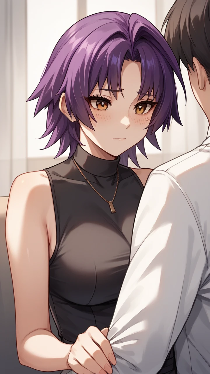   score_9,   score_8_up,   score_7_up,   score_6_up, 1 girl,stupid hair,  purple hair,  split bangs ,  medium hair,nice,  big head,  big breasted,Wearing clothes, popup,45 years old,Stroking my son 