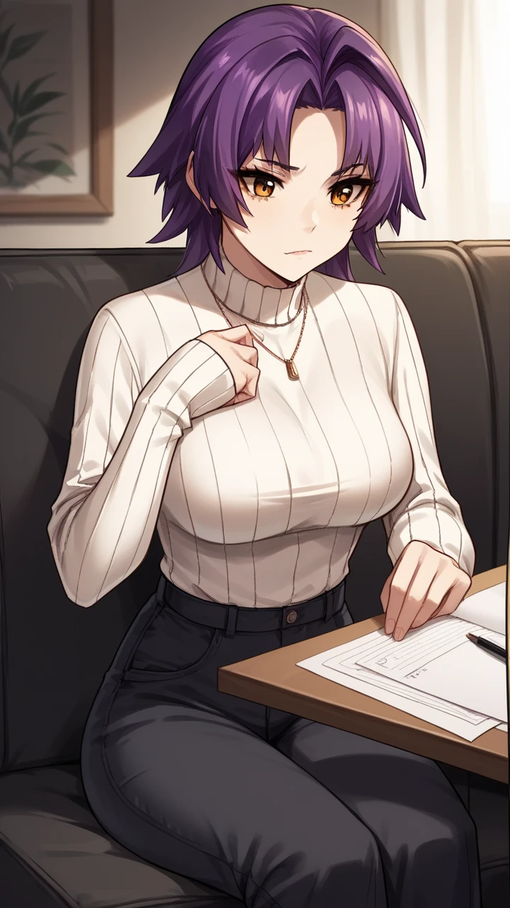   score_9,   score_8_up,   score_7_up,   score_6_up, 1 girl,stupid hair,  purple hair,  split bangs ,  medium hair,nice,  big head,  big breasted,Wearing clothes, popup,45 years old,Sitting on a chair with a boy