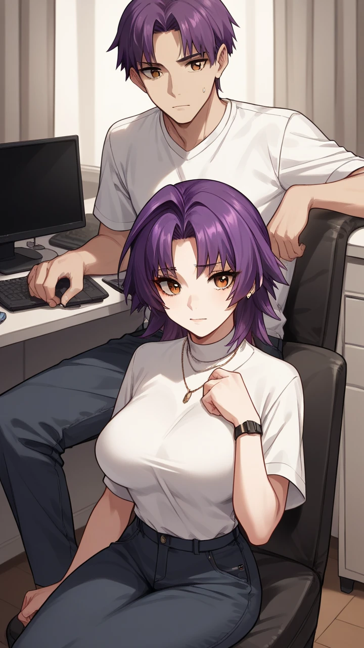   score_9,   score_8_up,   score_7_up,   score_6_up, 1 girl,stupid hair,  purple hair,  split bangs ,  medium hair,nice,  big head,  big breasted,Wearing clothes, popup,45 years old,Sitting on a chair with a boy