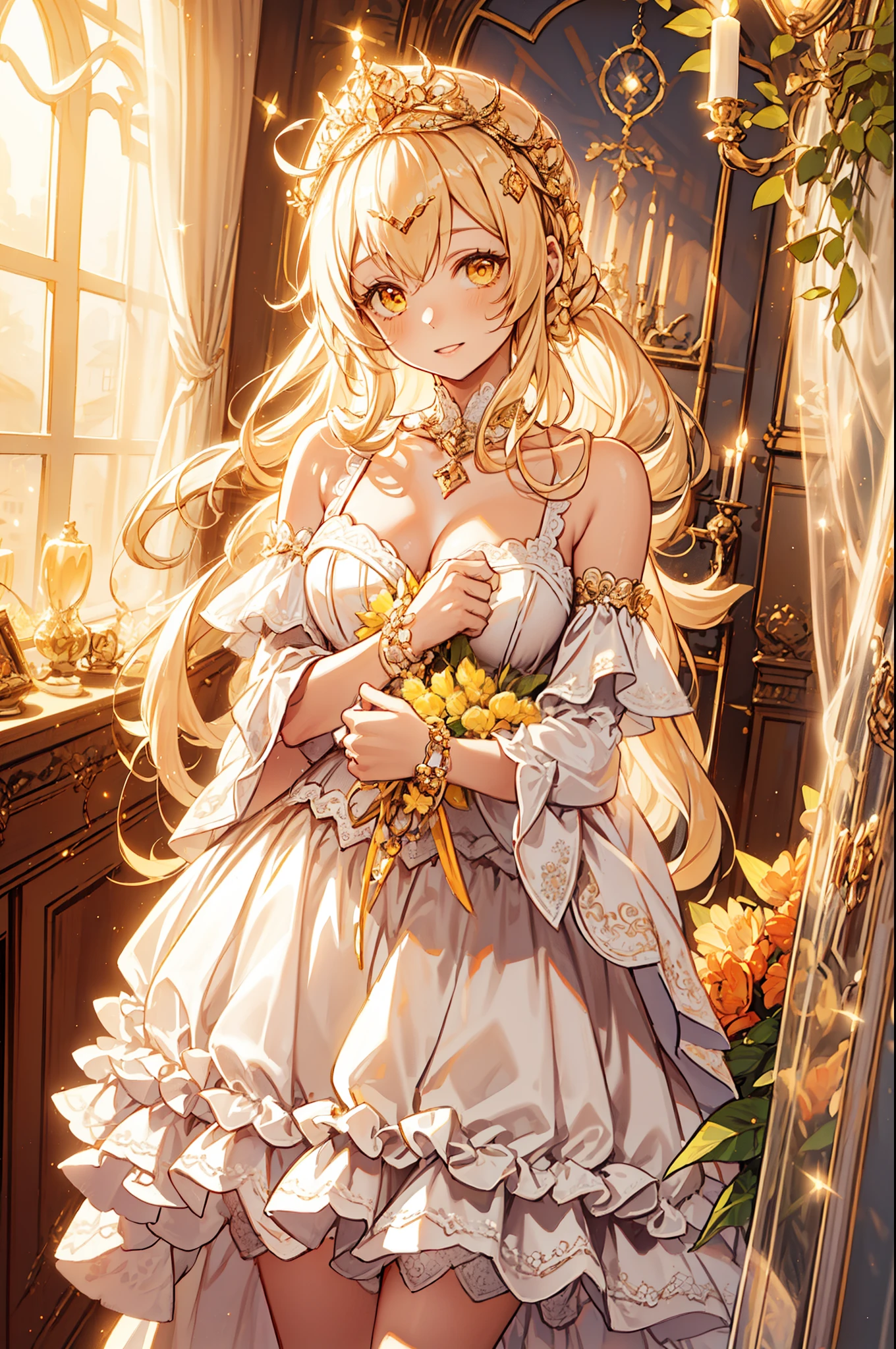age Girl， charming，gorgeous，In Love ，sacred，( Yellow and White Princess Skirt :1.3)，blond，klee， red eyes， Minimalism ， Multi-layer exquisite ruffles ，Lots of Lace，( Lines on clothes :1.2)，( Exquisite clothing :1.1)，(Multi-layer Skirt ),Princess Crown， Perspective tulle garment ， Beautiful detailed face ， Bedroom scene in Western mythology， movie lights ，night，Single， Metallic Decoration ，lace,(shine:1.2), ( Best Quality ), (masterpiece:1.2)