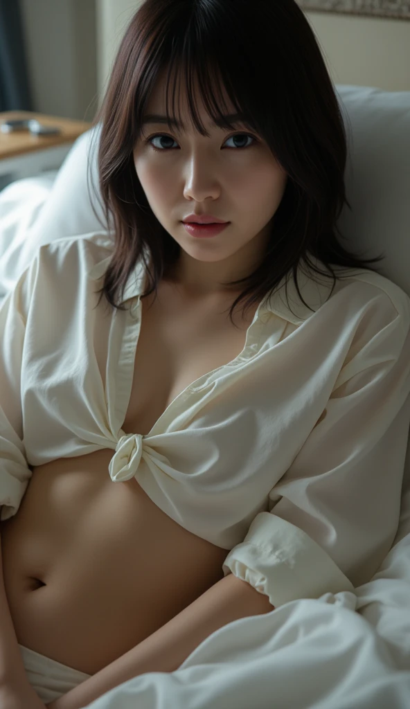 (masterpiece:1.2), Very detailed, Ultra-high resolution, (Realistic, photo Realistic:1.37), High-resolution RAW color photos, Professional photos, Dramatic lighting, Sharp focus:1.2, (Very detailed顔と肌の質感, Very beautiful eyes, Glossのある肌, Glowing Skin, Glowing Skin, Shining Face, Gloss, Oily skin, greasy face, Oily skin, greasy face, 強いGloss), Perfect Anatomy, Very detailed背景, 1 female, 25-year-old woman, Japanese women, (Short Bob Hair, Straight hair, bangs:1.3, Brown Hair), (Lean:Weight 1.0), (Flat Chest:1.5), ((Bedroom)), (((night))), (((Dark Room))), Thighs, ((Too sensual、Erotic)), ((Sensual)), Woman close up, Warm color scheme, ((Glowing Skin)), (((Sleep on your back))), ((Lying down)), (Please raise your hand), ((suit)), See-through(White shirt), (Revealing bra), (Black pencil skirt), (((mini skirt))), (((undressing shirt))), (((Half-naked shirt))), (Cleavage:1.1), (real Glossのある肌 texture), (Glowing Skin), ((Scary face)), ((Displeased)), ((On the verge of tears)), (((White skin))), Browsing Caution