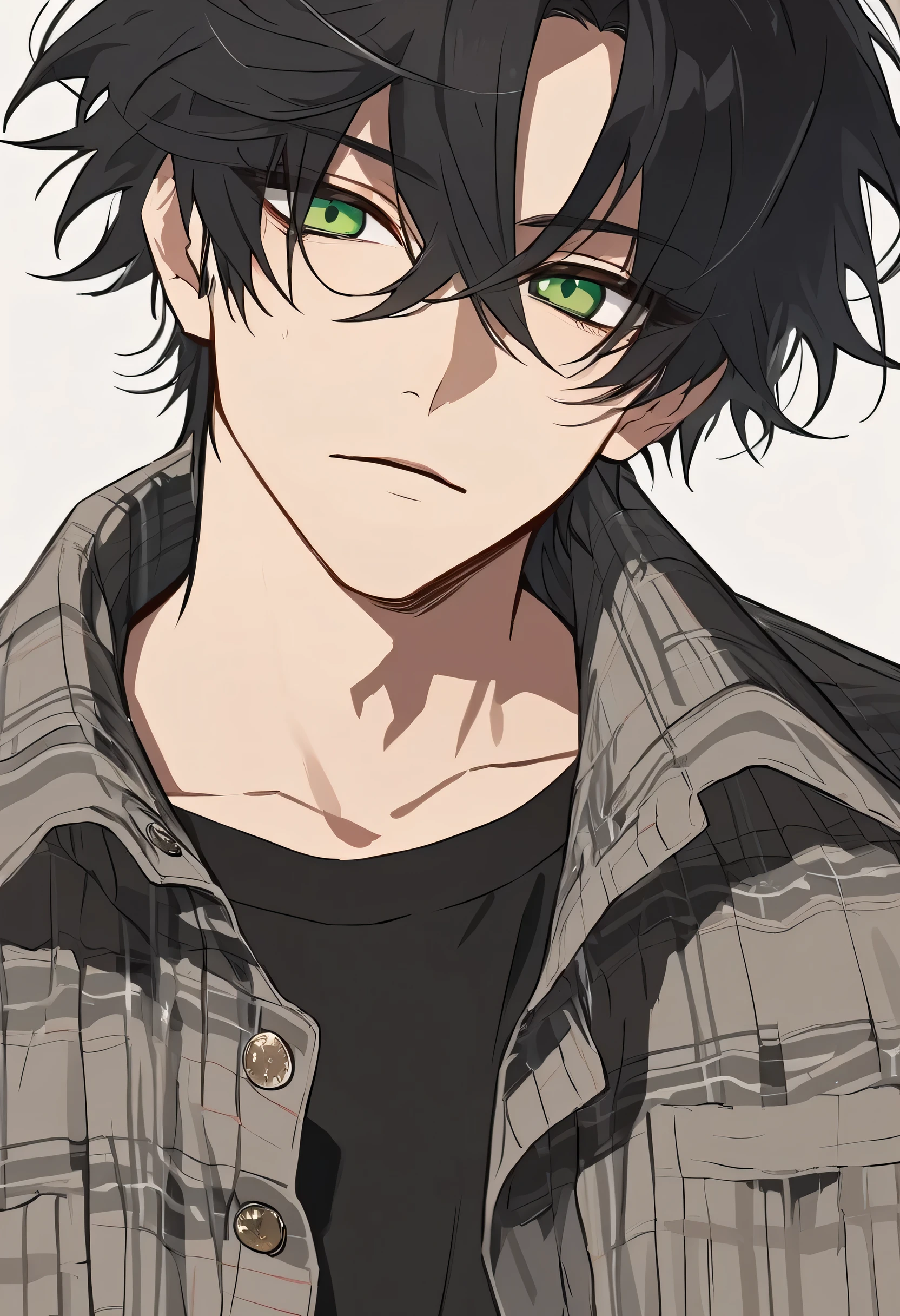 Male + black hair + green eyes + gray and brown flannel (as an overshirt) + black T-shirt + solo + adult + face shot