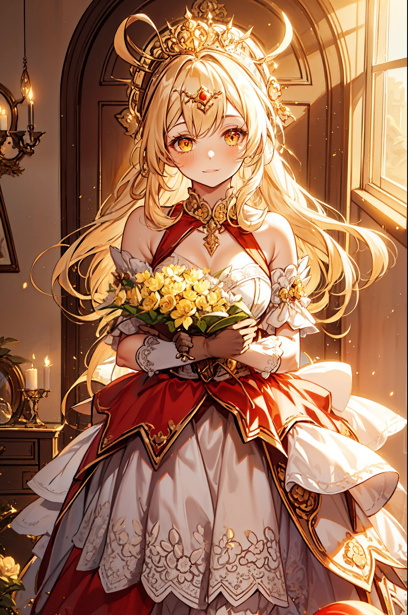 age Girl， charming，gorgeous，In Love ，sacred，( Yellow and White Princess Skirt :1.3)，blond，klee， red eyes， Minimalism ， Multi-layer exquisite ruffles ，Lots of Lace，( Lines on clothes :1.2)，( Exquisite clothing :1.1)，(Multi-layer Skirt ),Princess Crown， Perspective tulle garment ， Beautiful detailed face ， Bedroom scene in Western mythology， movie lights ，night，Single， Metallic Decoration ，lace,(shine:1.2), ( Best Quality ), (masterpiece:1.2)