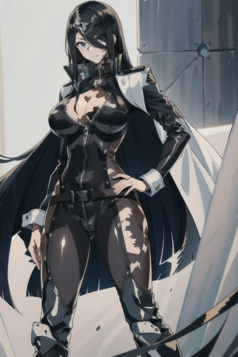generate a High quality image of Kurihara Mari from prison school, black long hair, grey eyes, full body view, (wearing robotic bodysuit Armour, cape, hand gloves), running throughout on the destroyed futuristic city, dynamic view, angry expression, blushing, rainy weather, cinematic shadow, cinematic fog, crows in the sky.
