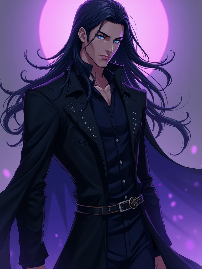 A sexy young male, black, long hair, teal blue eyes. Gothic clothes. (Male) (no facial or body hair)) masterpiece, best quality, ultra-detailed, best shadow), (detailed background) (purple and black) pretty handsome. Sexy Cute. No facial hair. No body hair. Wink. Seductive. Sexy. Pale and white skin. Smirking. Anime style. Blood. Vampire. Sexy. Death note style. Pink lips. SENSUAL. Purple and black gothic frilly clothes. Long lashes. Sexy pose. Love. Shiny. Vampire Prince. Bottom angle. Seductive. Male. Bottom angle. Shiny. Long boots. Delicate facial features. Kiss. Nice ass. SEXY POSE. SEX