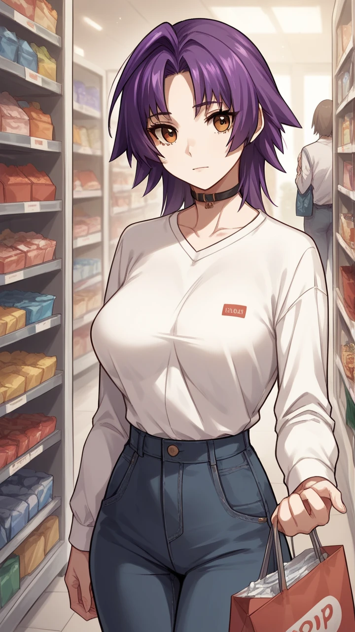 Haruna Sairenji, hair ornament, hairclip, (purple eyes:1.1), purple hair, short hair, swept bangs, (forehead:1.3),,  empty eyes Running, wearing nothing, big anime eyes, , shiny hair, bare-skin, navel, the groin, BREAK in front of convenience store, large breasts、　Nipples, nsfw, nipple , Heavy snowfall